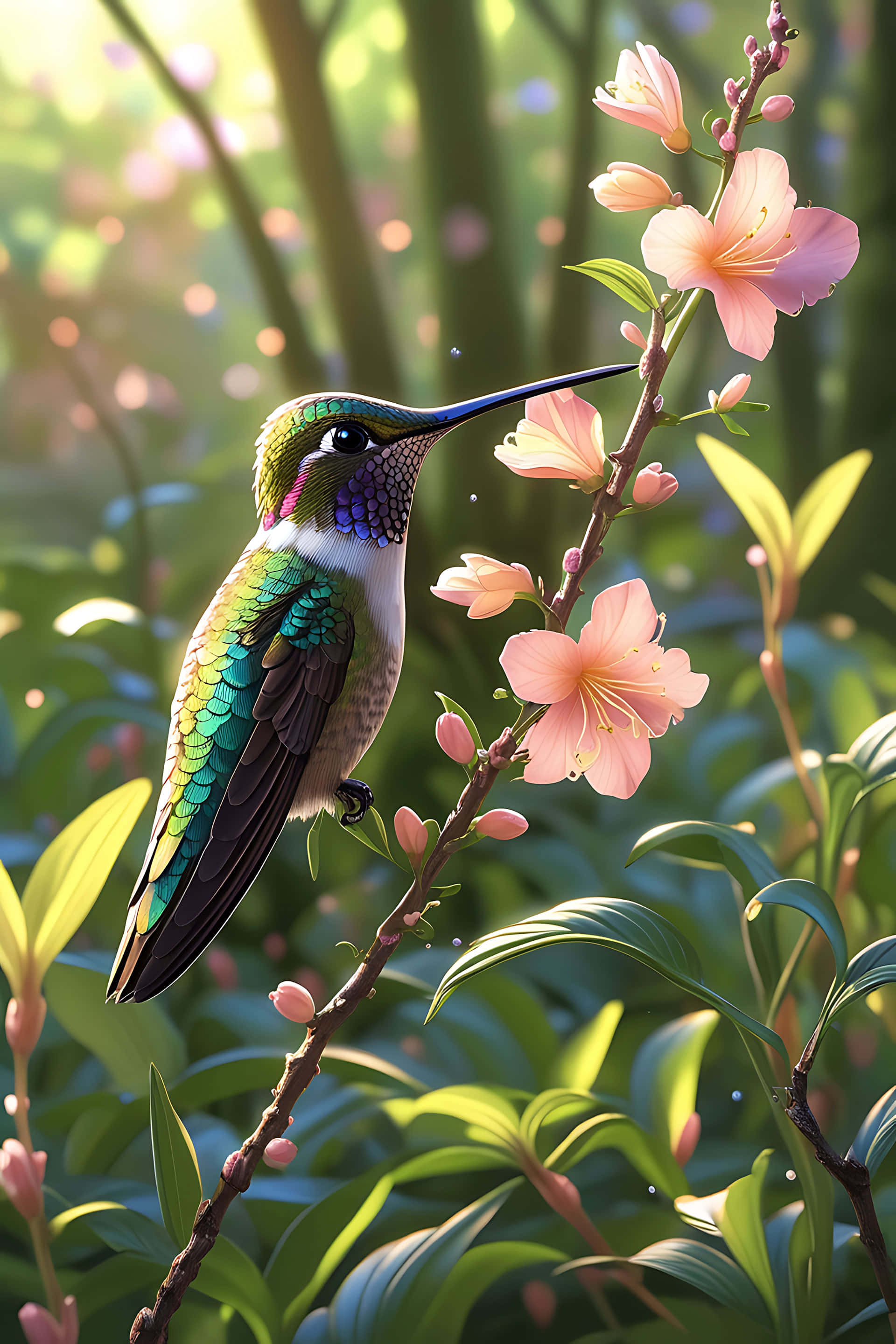 hummingbird, pink blossoms, sunlit garden, 2K Phone Wallpaper
