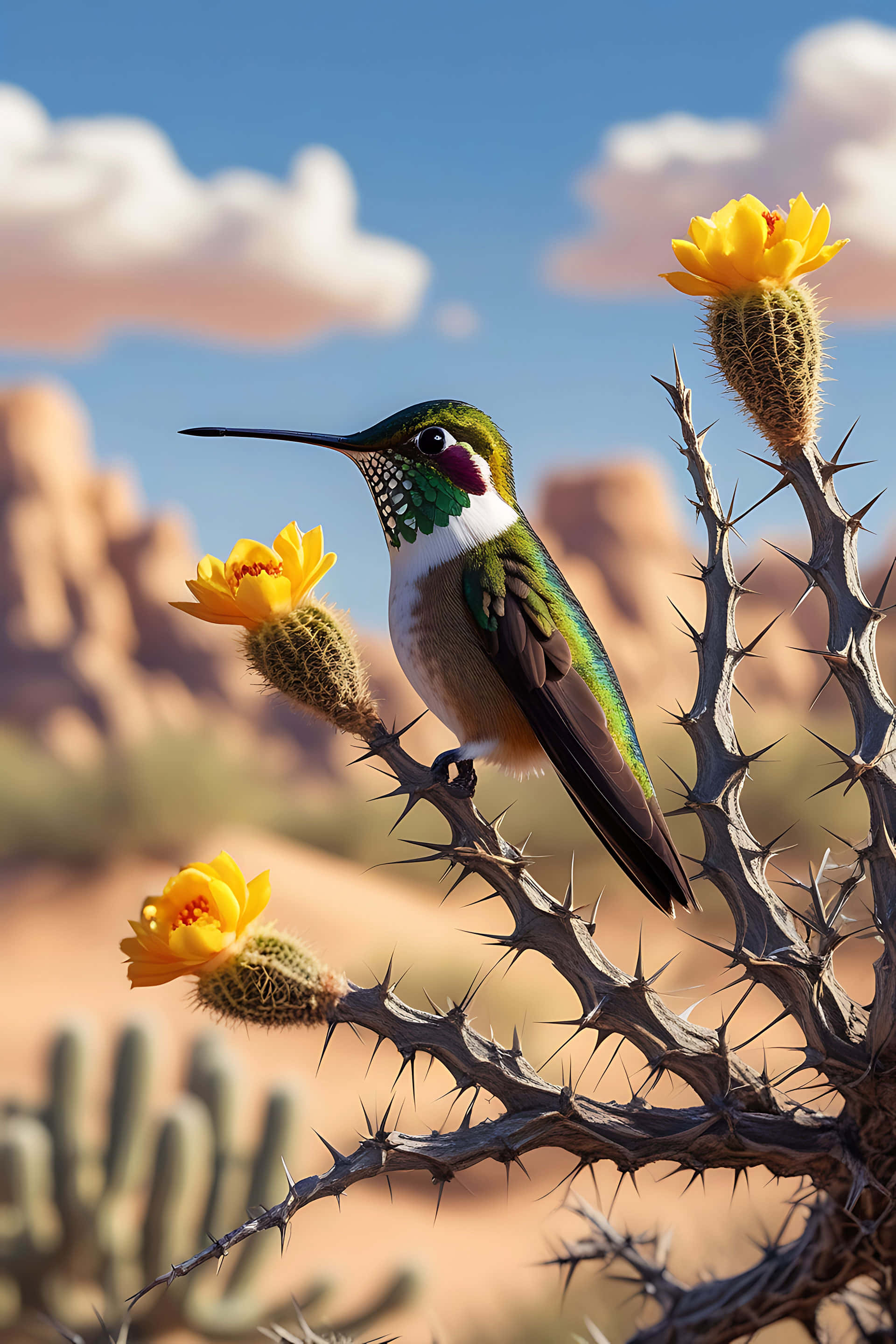 hummingbird, cactus bloom, yellow cactus flowers, 2K Phone Wallpaper