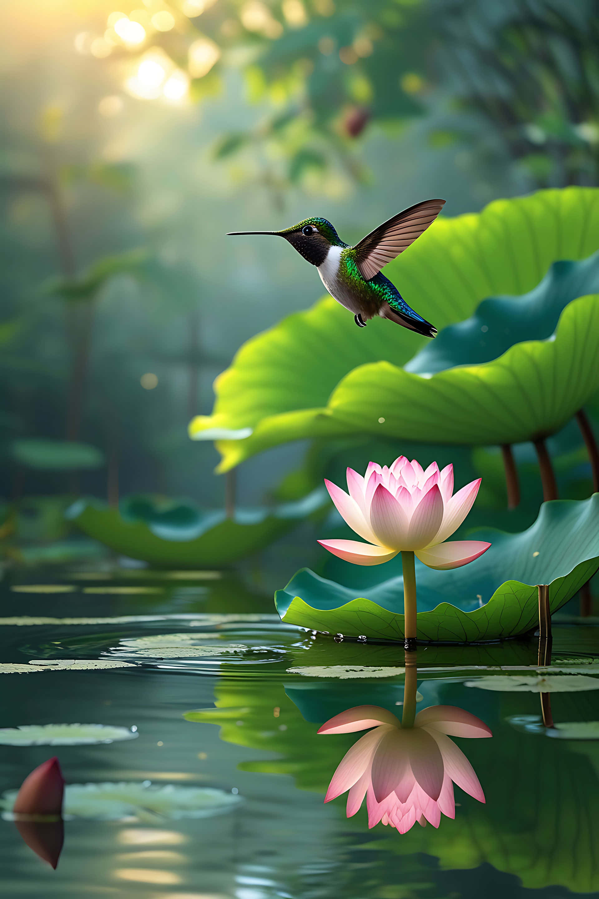 hummingbird, lotus flower, calm water, 2K Phone Wallpaper