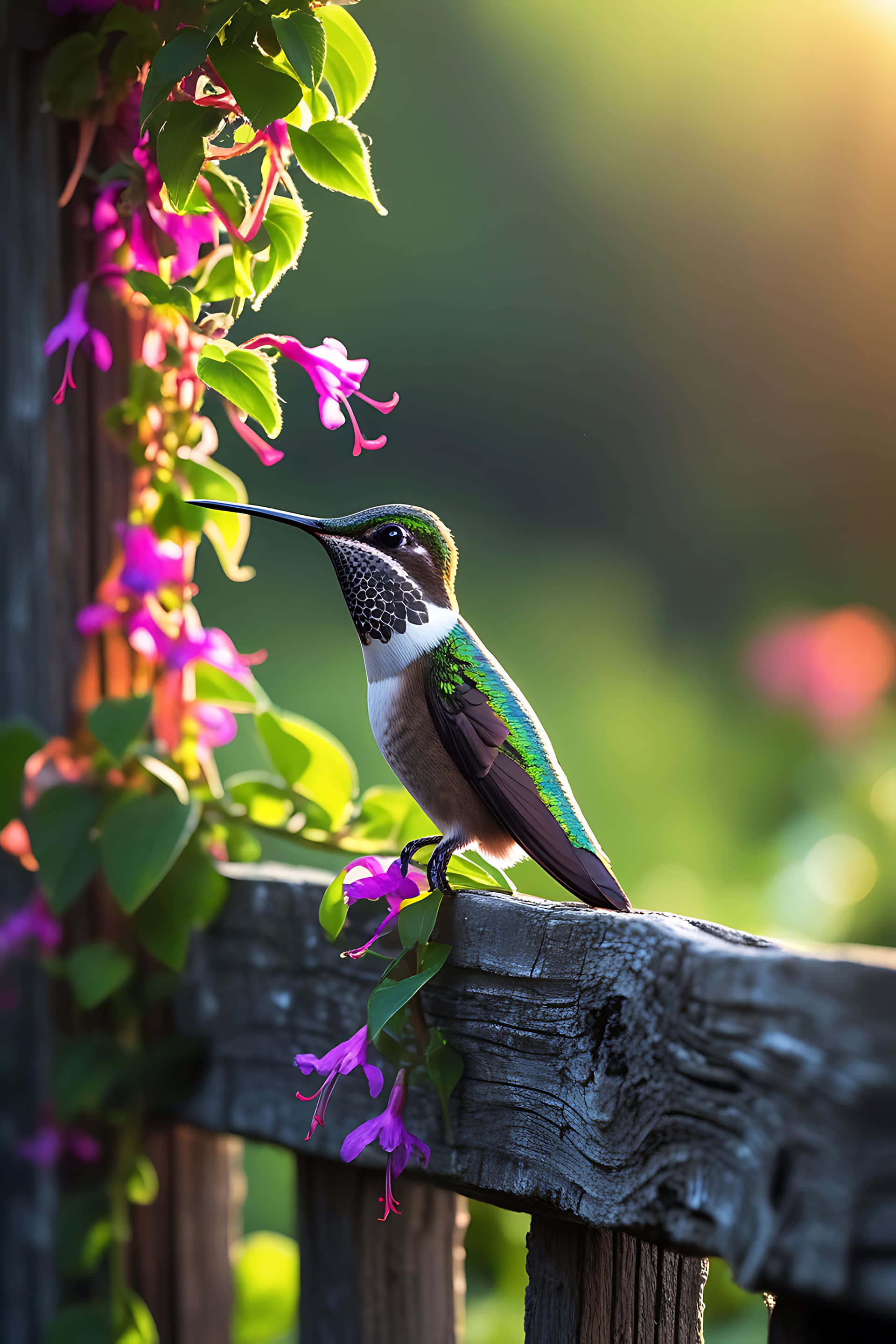 hummingbird, purple flowers, weathered wooden fence, 2K Phone Wallpaper