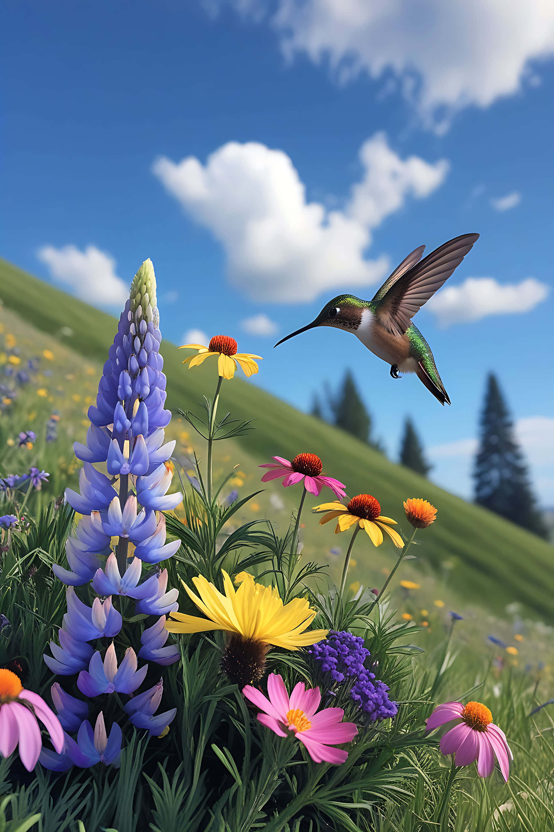 hummingbird, wildflowers, sunlit hill, 2K Phone Wallpaper