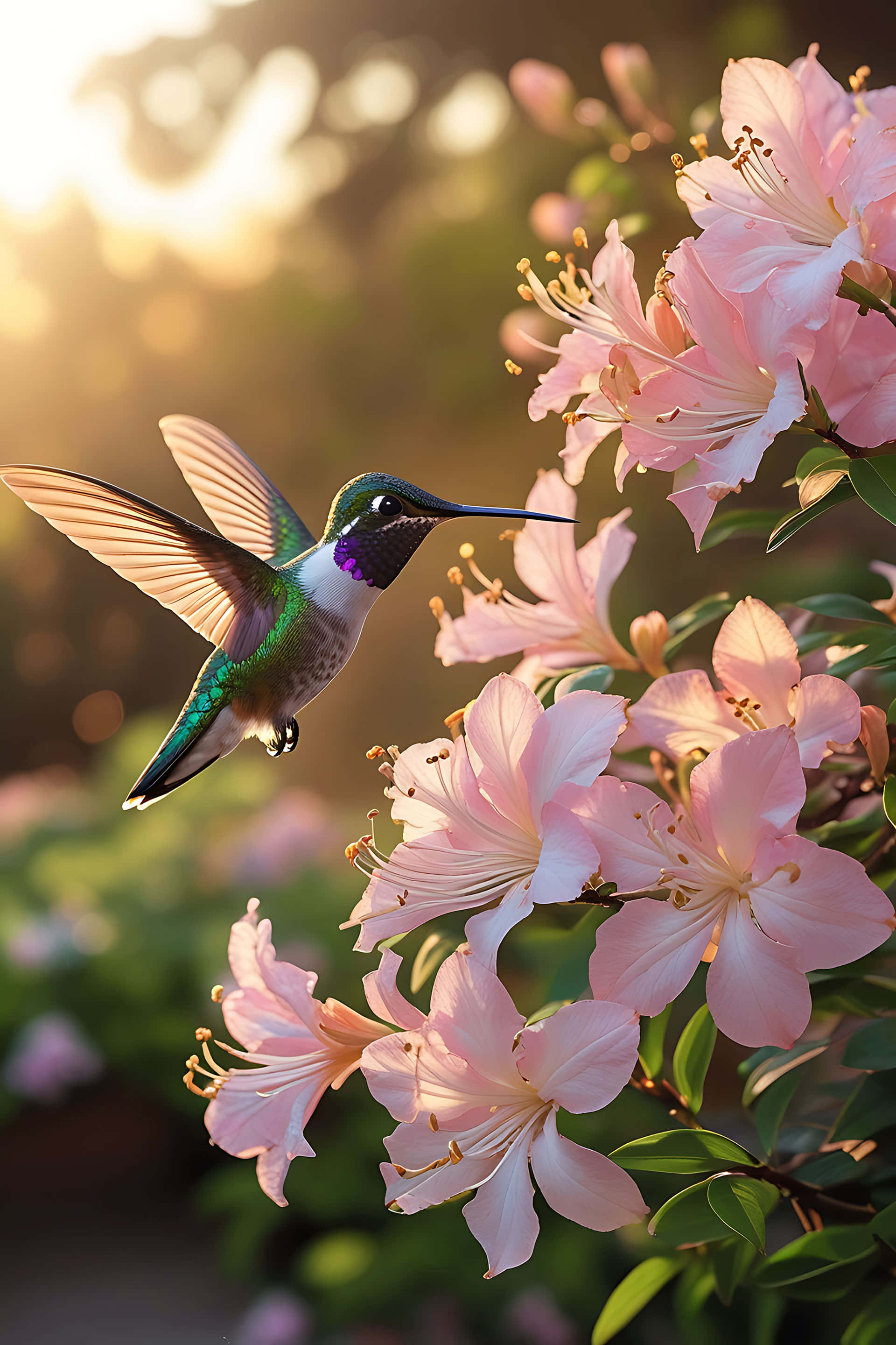 hummingbird, pink azalea blossoms, golden sunlight, 2K Phone Wallpaper