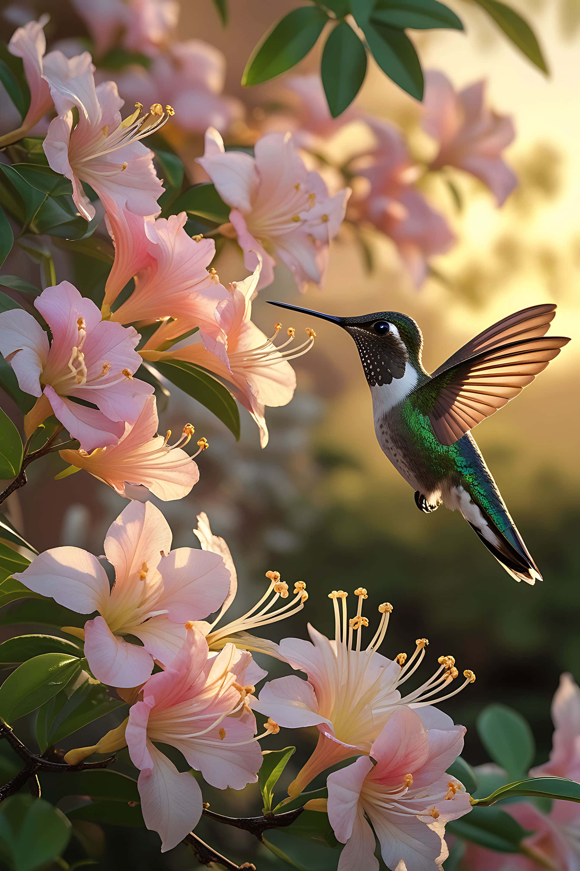 hummingbird, pink azalea blossoms, golden stamens, 2K Phone Wallpaper