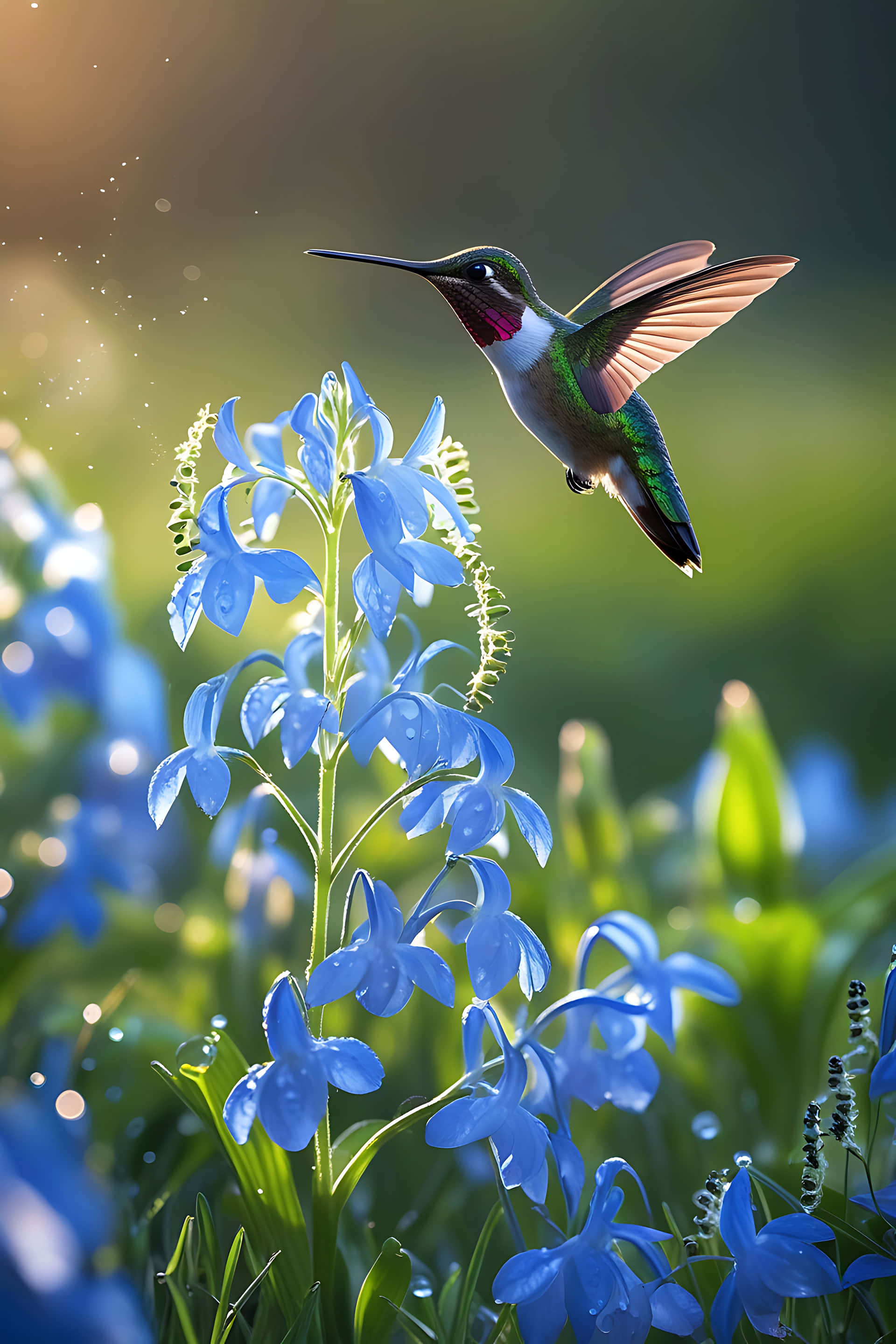 hummingbird, blue flowers, dewdrops, 2K Phone Wallpaper