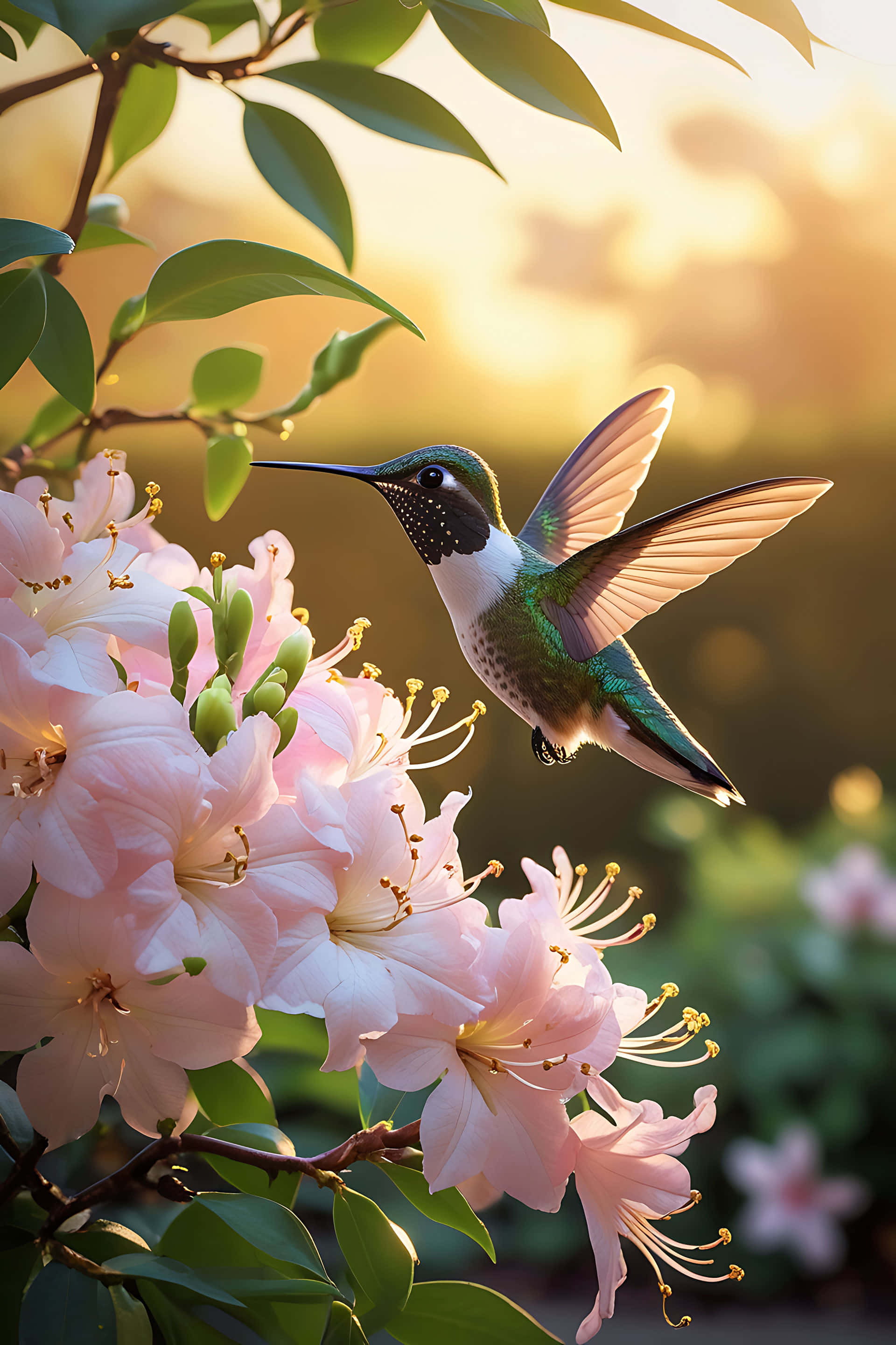 hummingbird, pink flowers, golden sunlight, 2K Phone Wallpaper