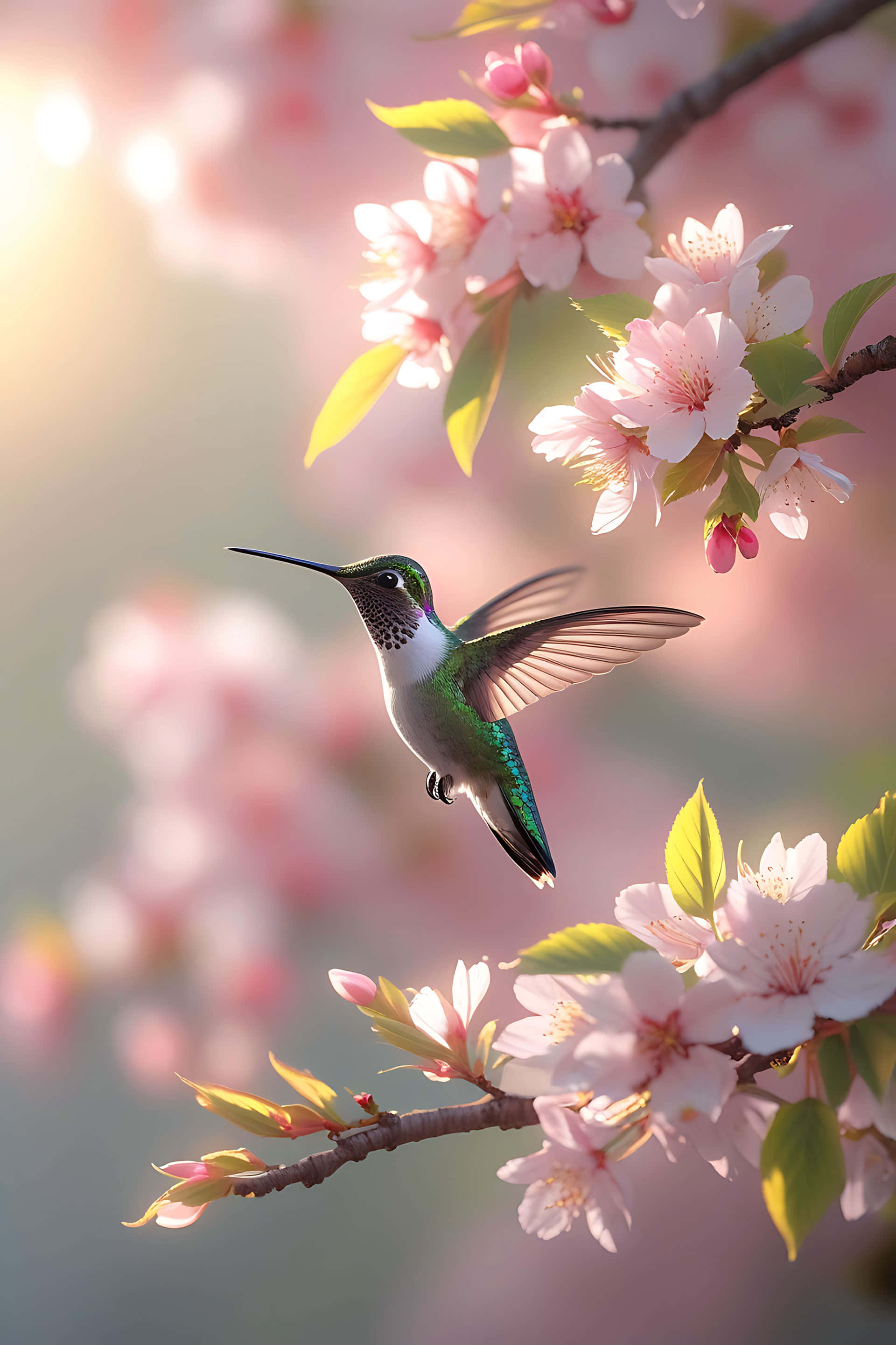Hummingbird, cherry blossoms, sunlight, 2K Phone Wallpaper