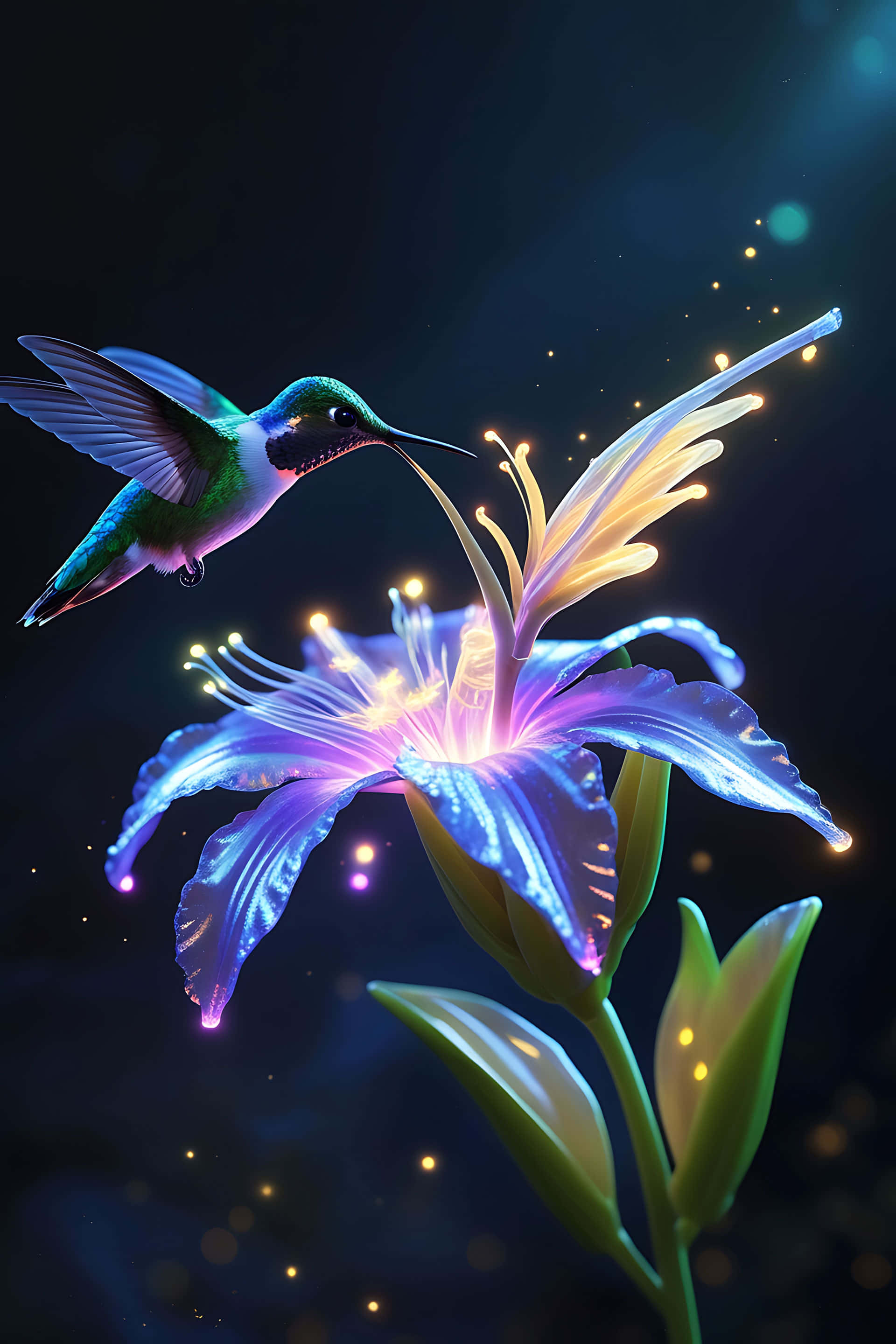 hummingbird, glowing purple lily, golden stamens, 2K Phone Wallpaper