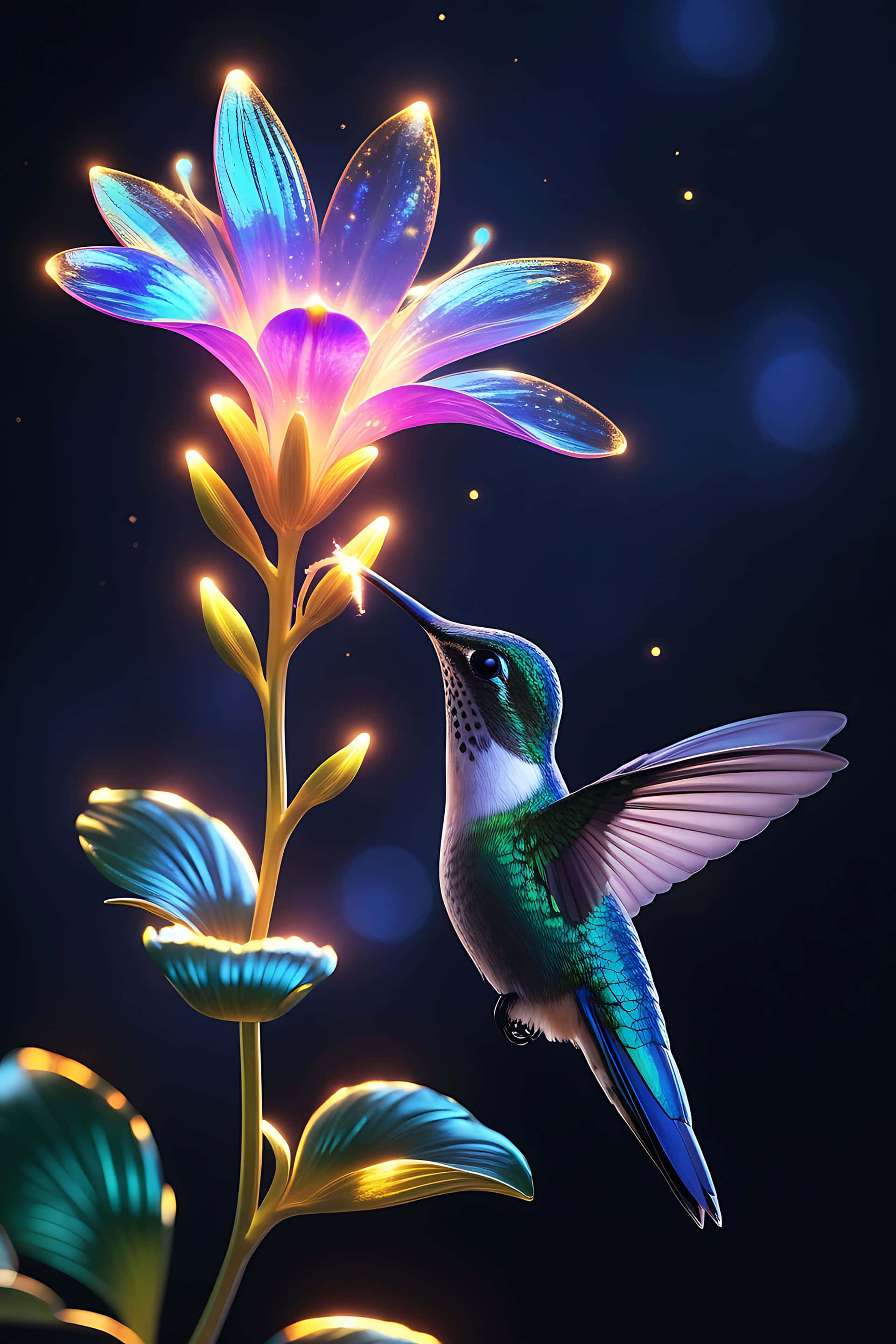 hummingbird, luminous flower, glowing blue, 2K Phone Wallpaper