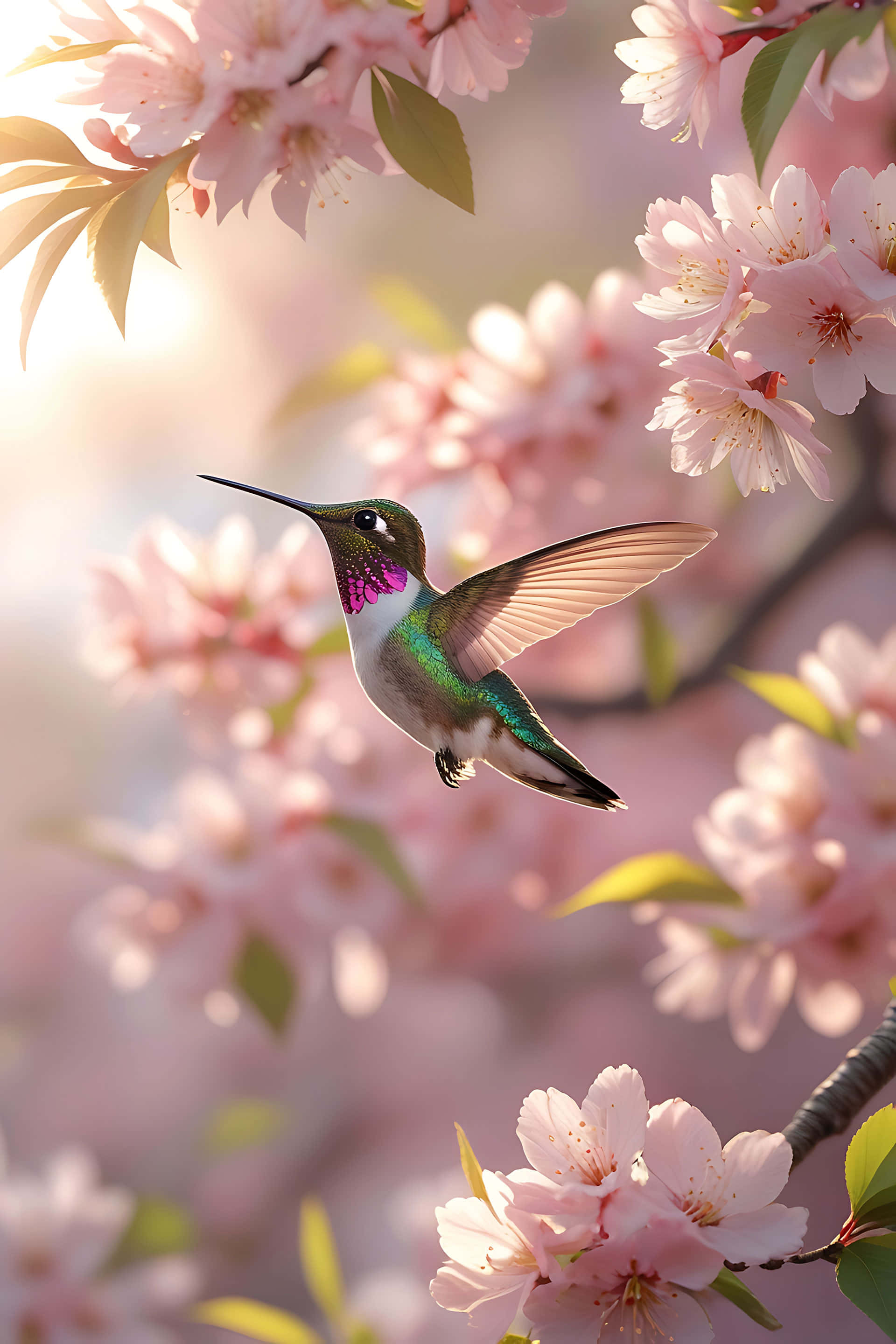 Hummingbird, cherry blossoms, warm sunlight, 2K Phone Wallpaper