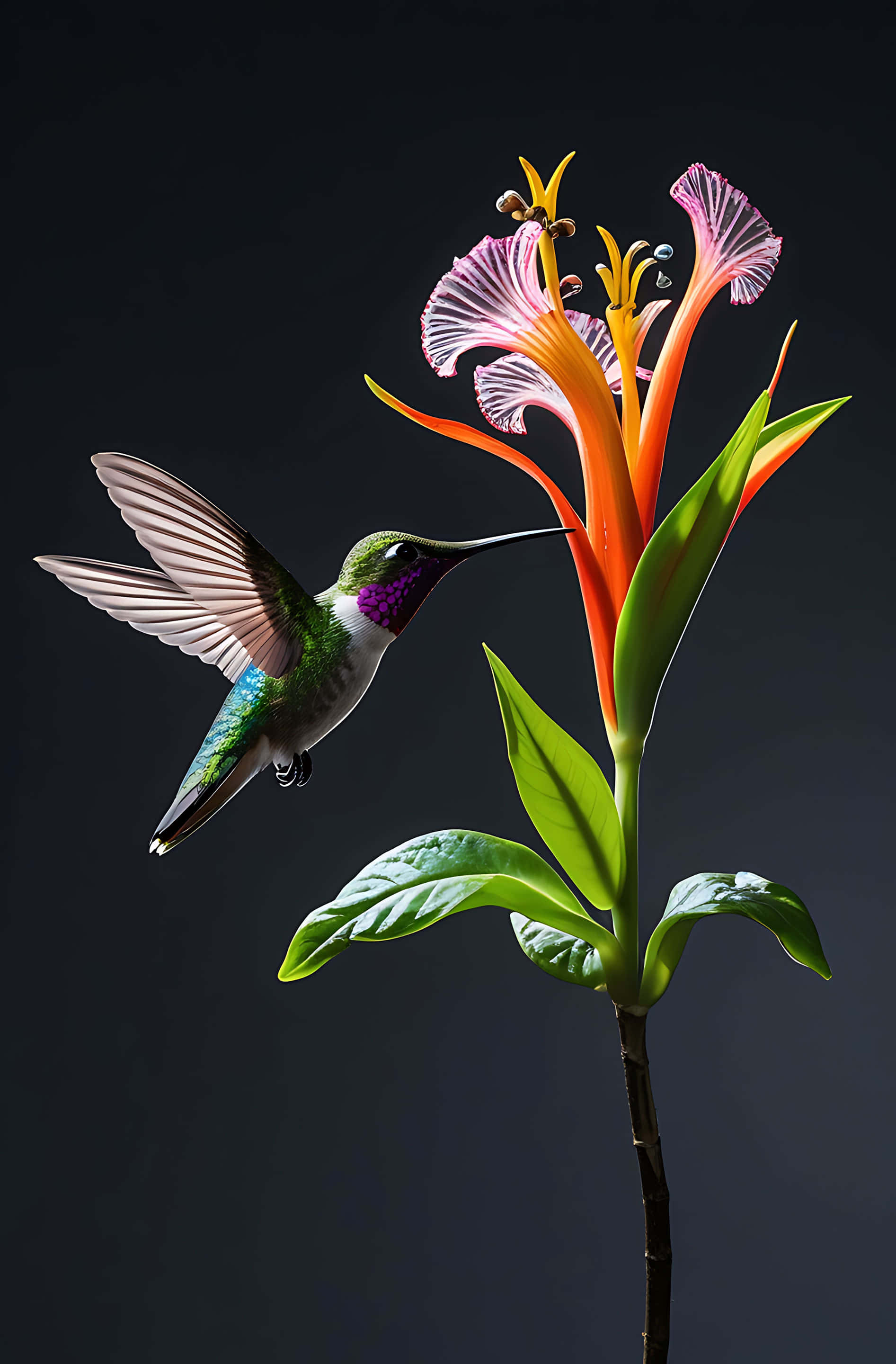 hummingbird, vibrant orange and pink flower, iridescent green and purple feathers, 2K Phone Wallpaper