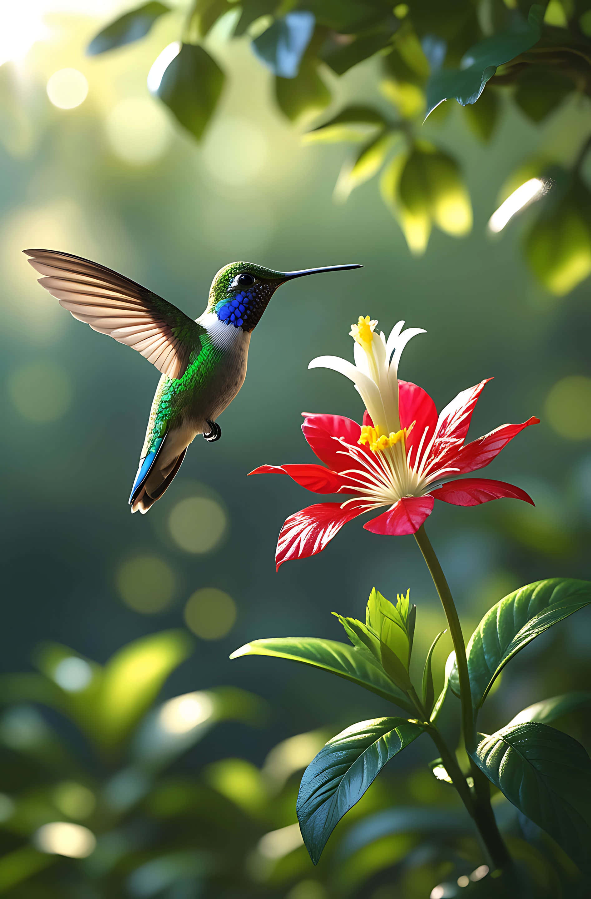 hummingbird, red flower, sunlight, 2K Phone Wallpaper