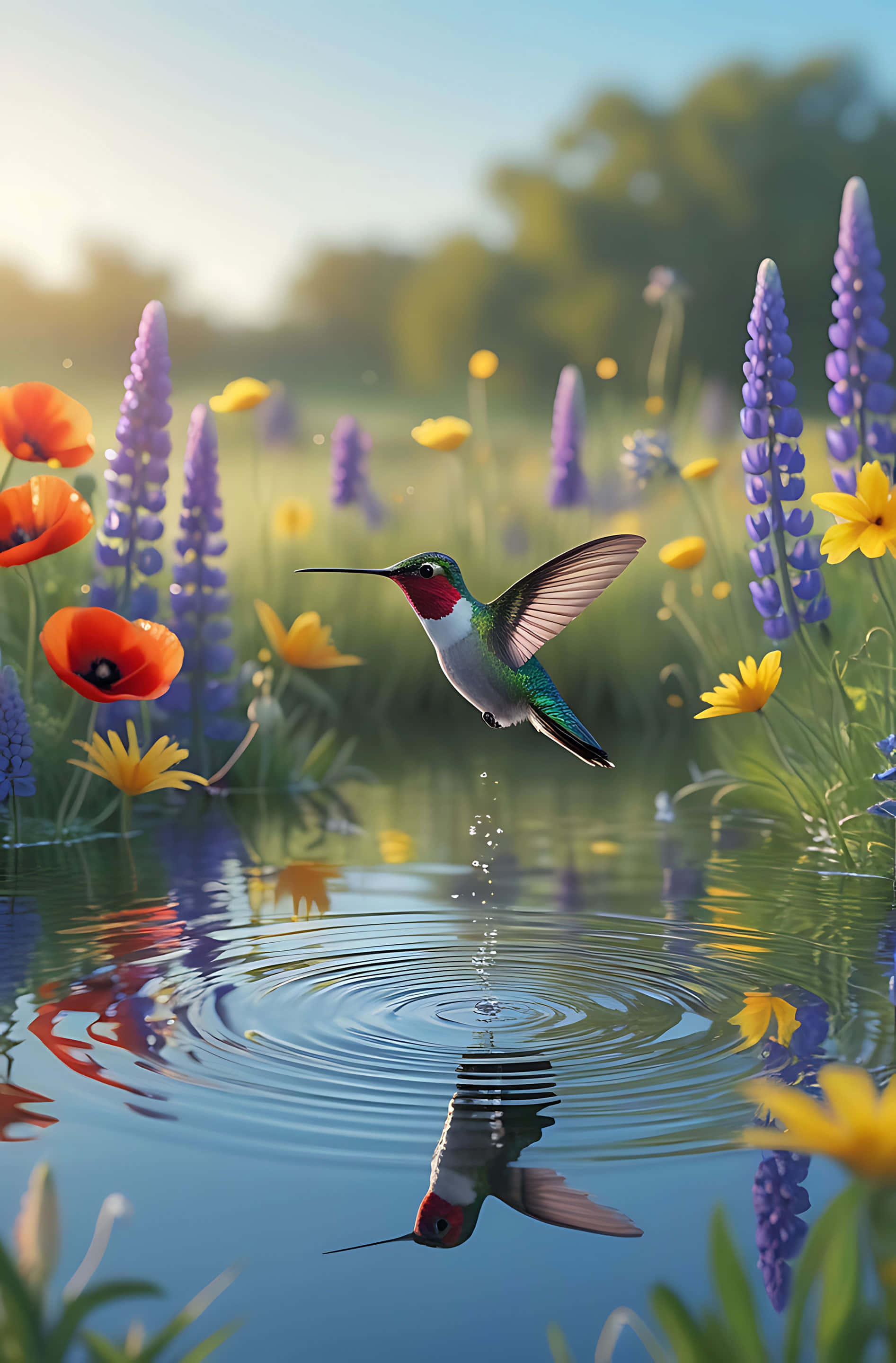 hummingbird, pond, ripples, 2K Phone Wallpaper