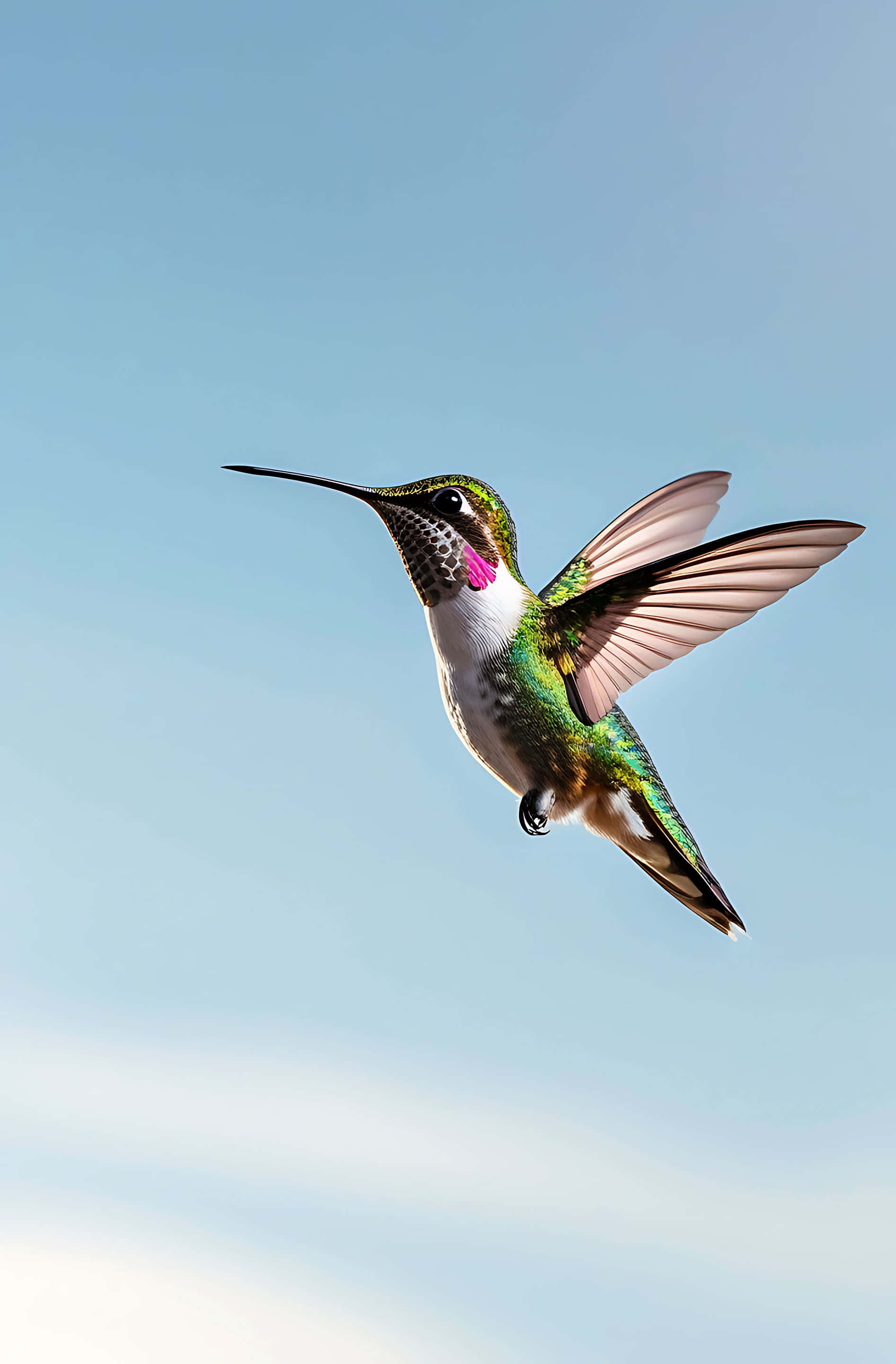 hummingbird, iridescent green feathers, pink throat, 2K Phone Wallpaper