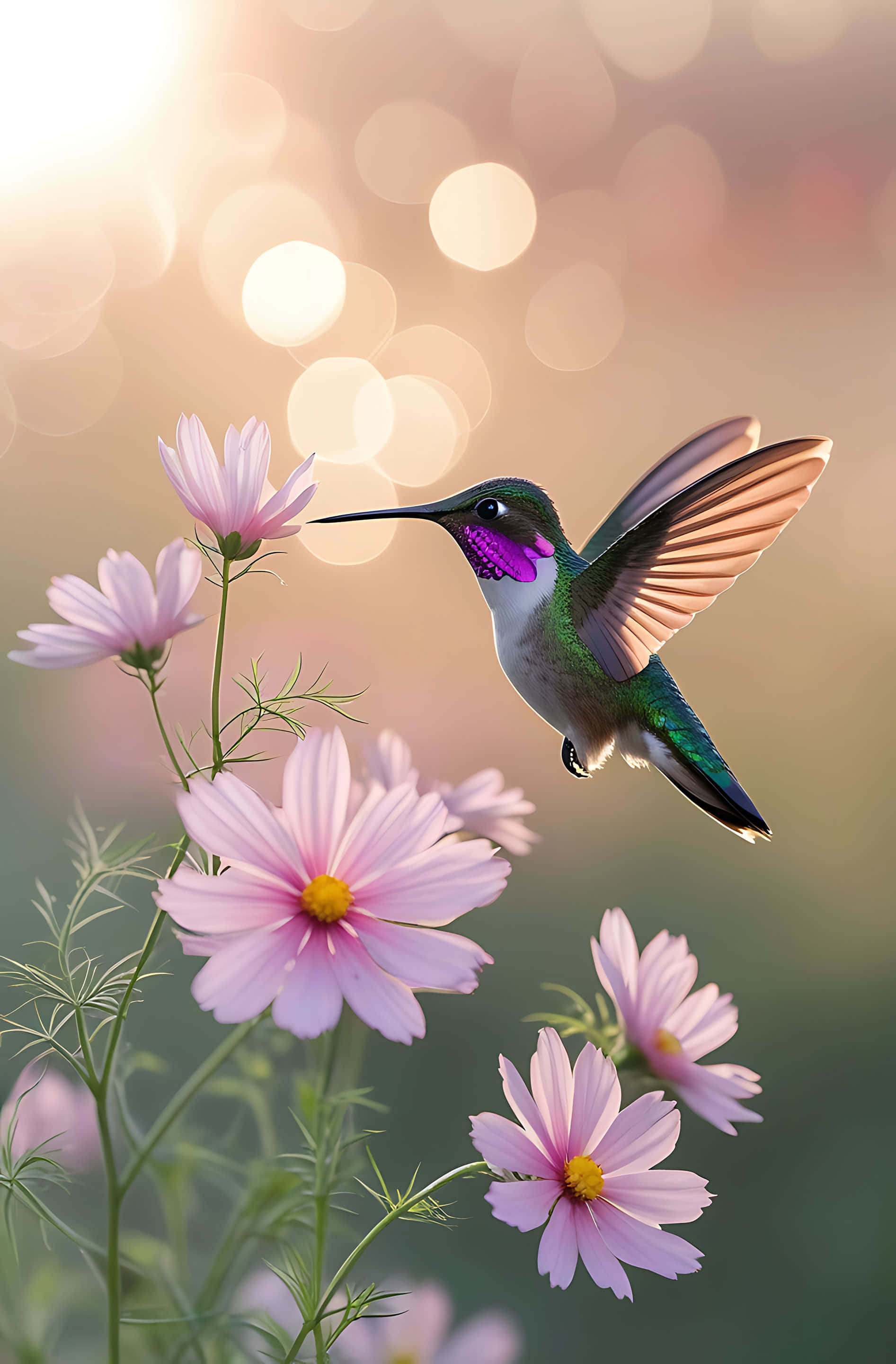 hummingbird, pink cosmos flowers, iridescent green feathers, 2K Phone Wallpaper