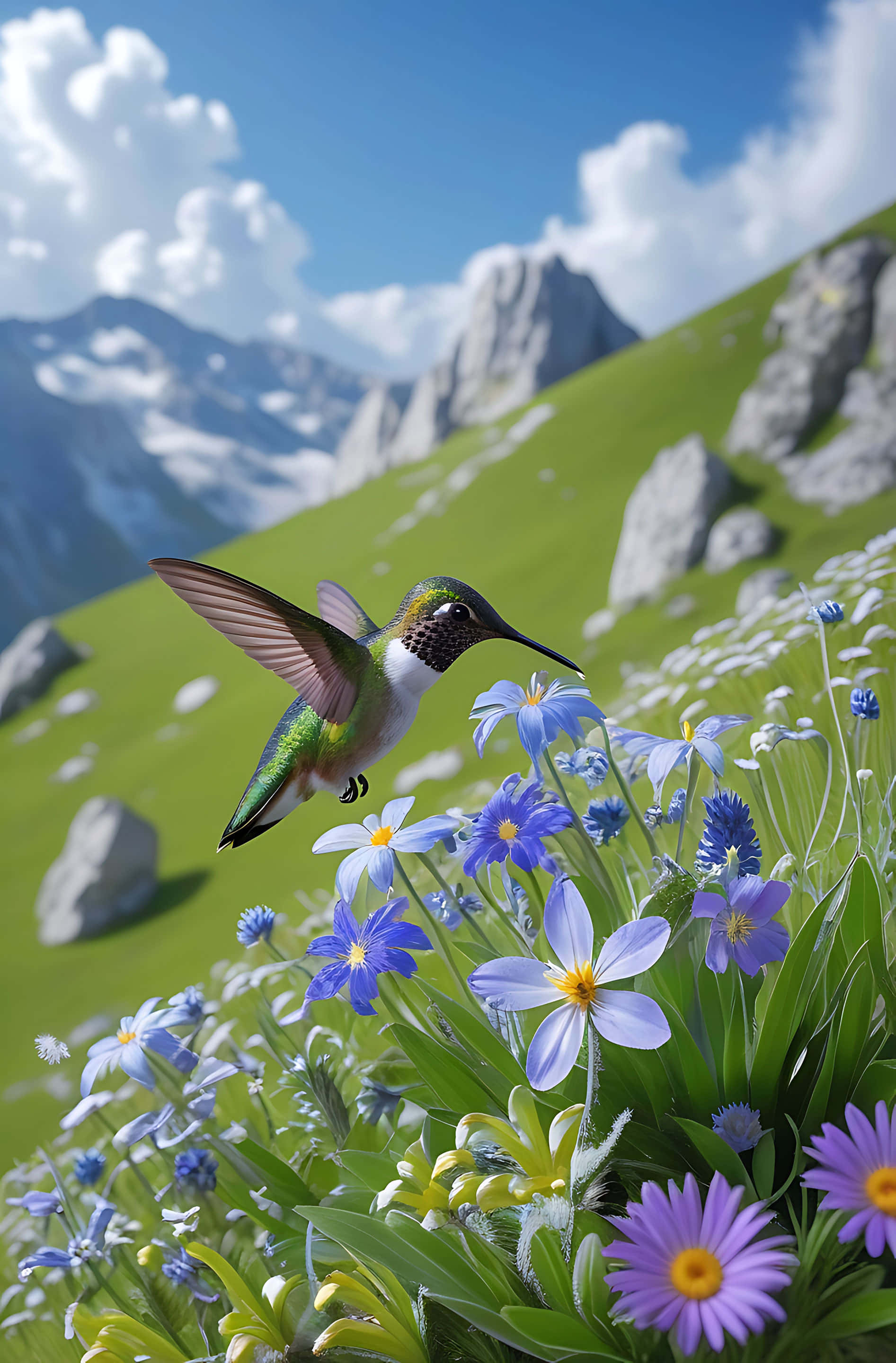hummingbird, mountain wildflowers, blue purple and yellow wildflowers, 2K Phone Wallpaper