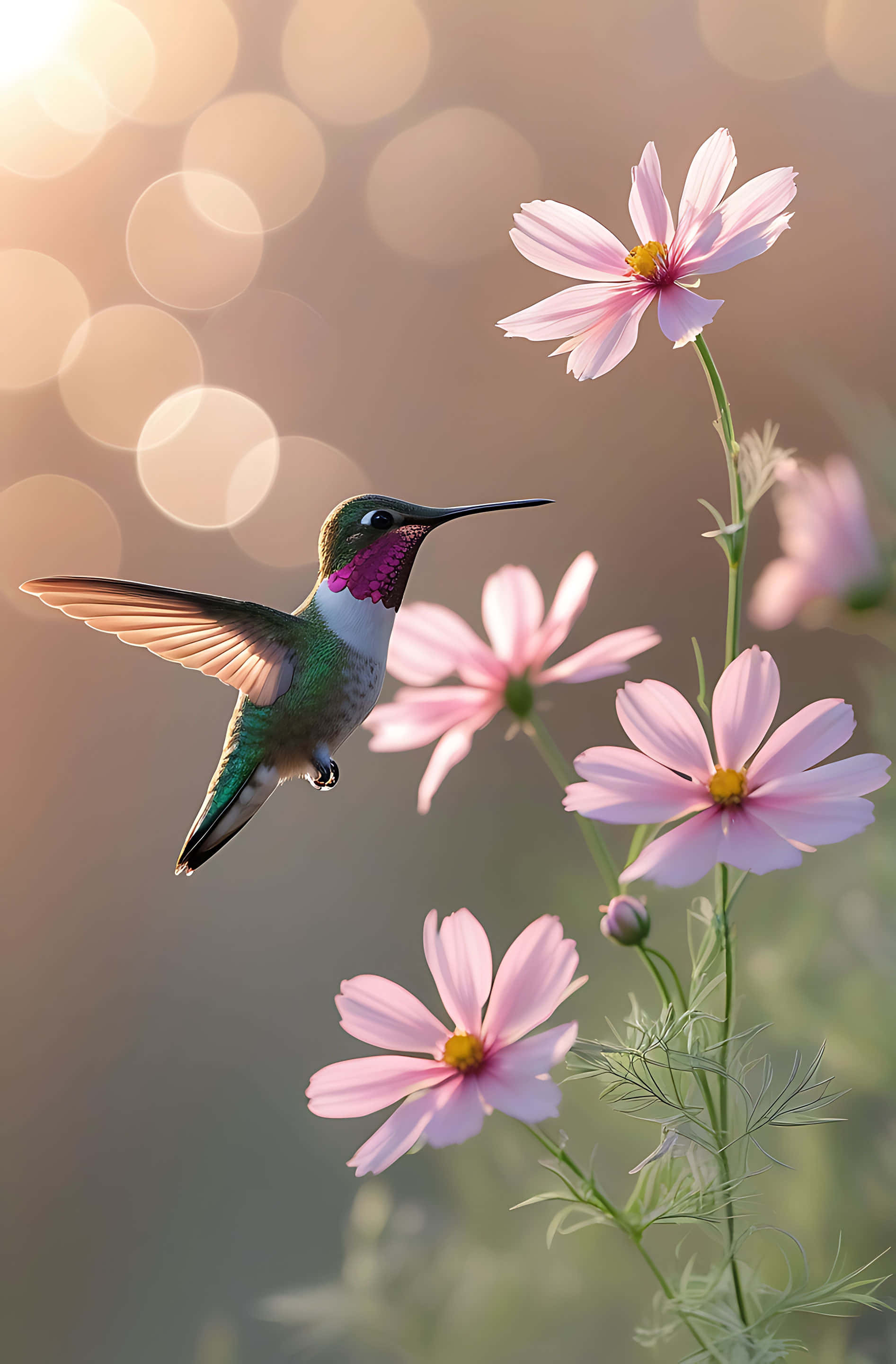 hummingbird, pink cosmos flowers, soft golden bokeh background, 2K Phone Wallpaper
