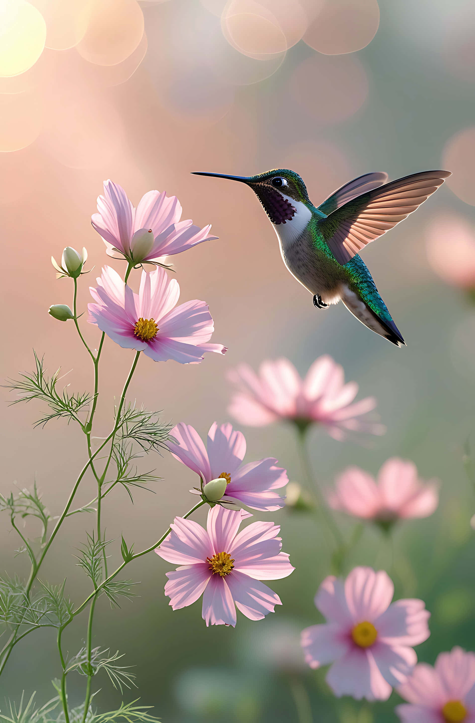 hummingbird, pink cosmos, golden bokeh background, 2K Phone Wallpaper
