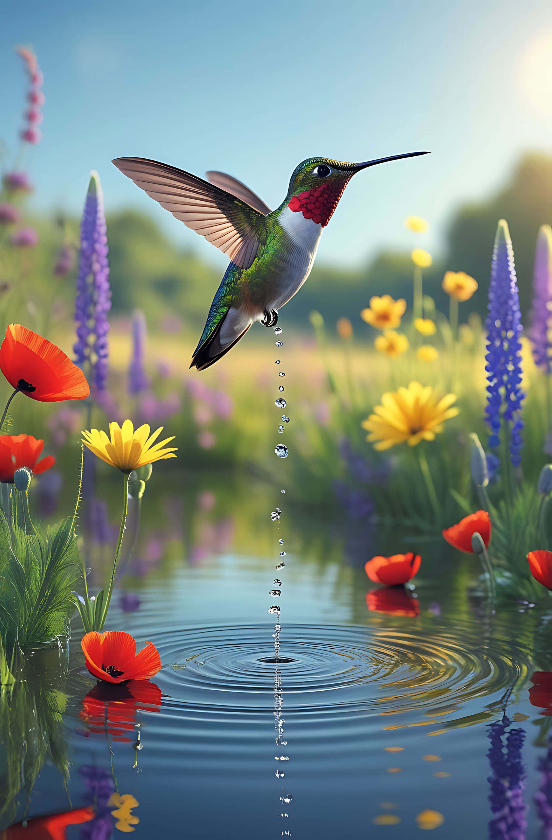 Hummingbird, pond, water droplets, 2K Phone Wallpaper