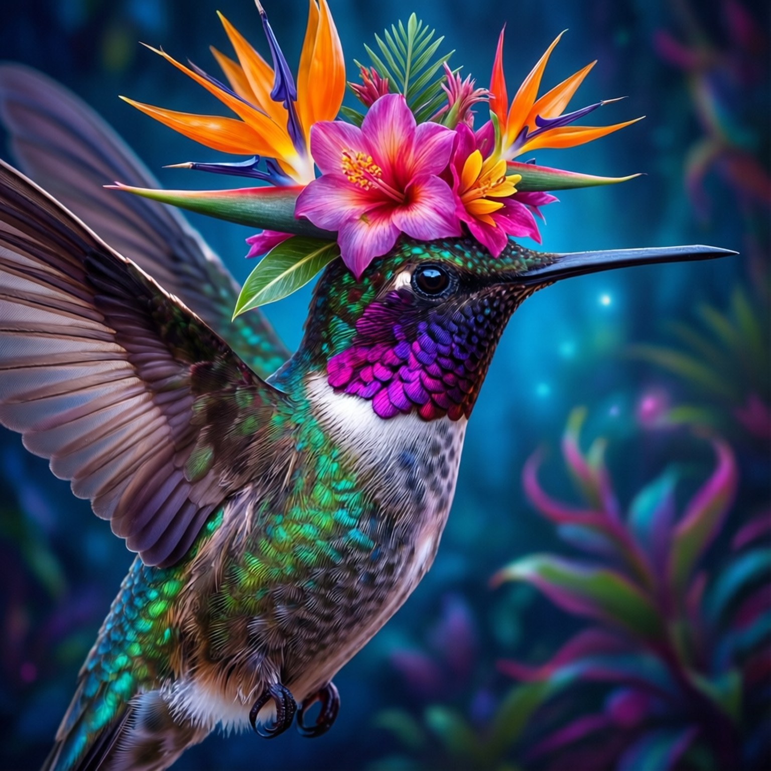 floral crown, hummingbird, iridescent green feathers, HD Desktop Wallpaper