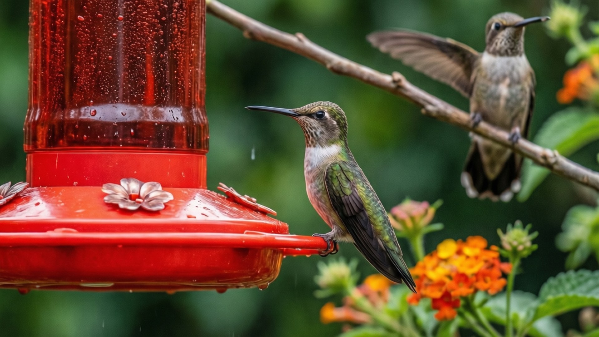 hummingbird, red feeder, orange flowers, Full HD Desktop Wallpaper