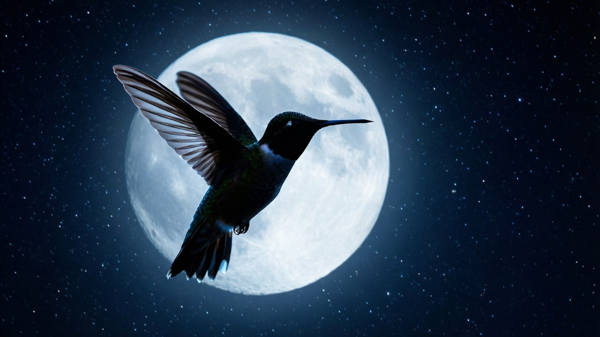 hummingbird, full moon, starry night sky, Full HD Desktop Wallpaper