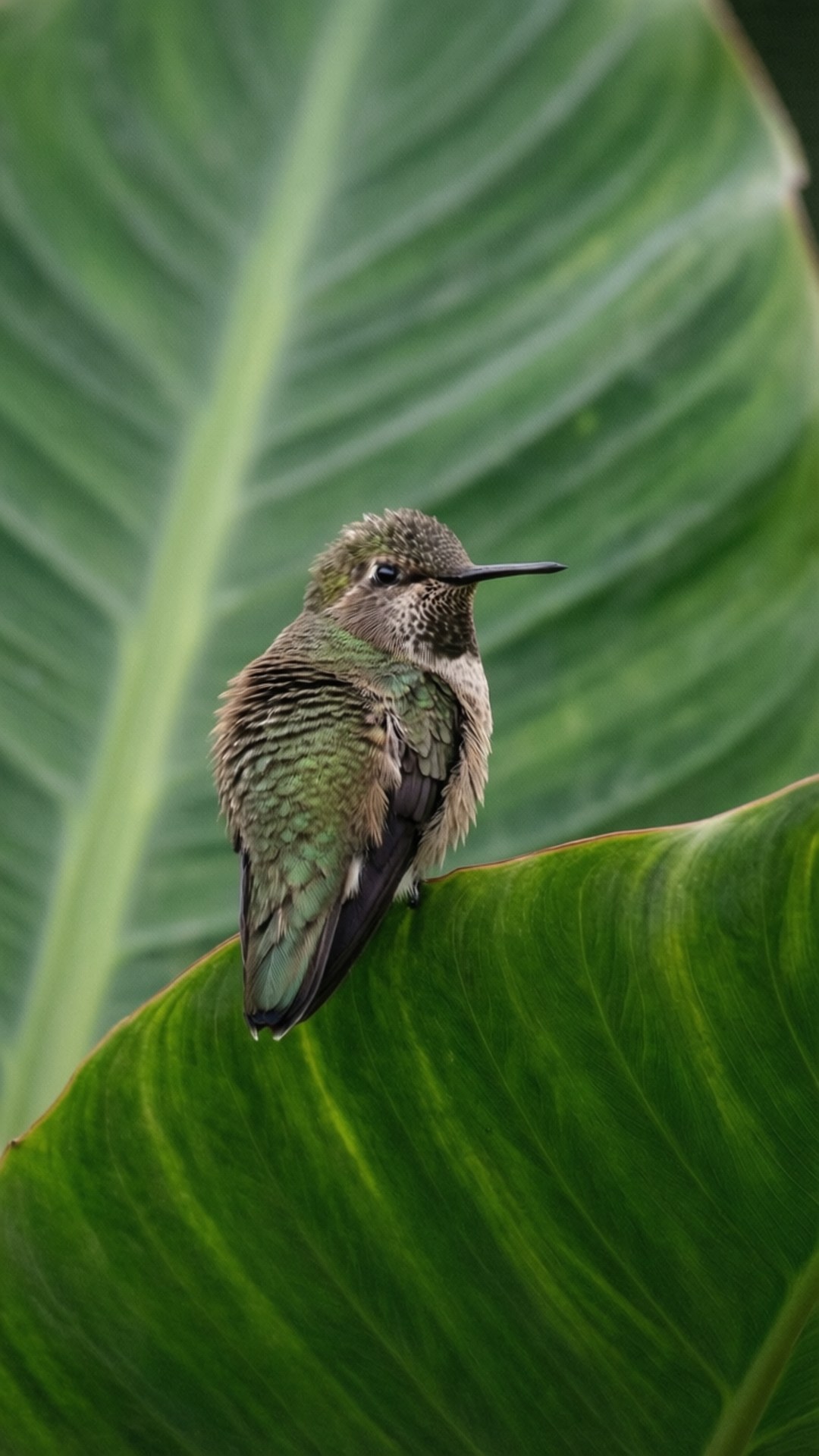 hummingbird, iridescent green feathers, tropical leaf, Full HD Phone Wallpaper