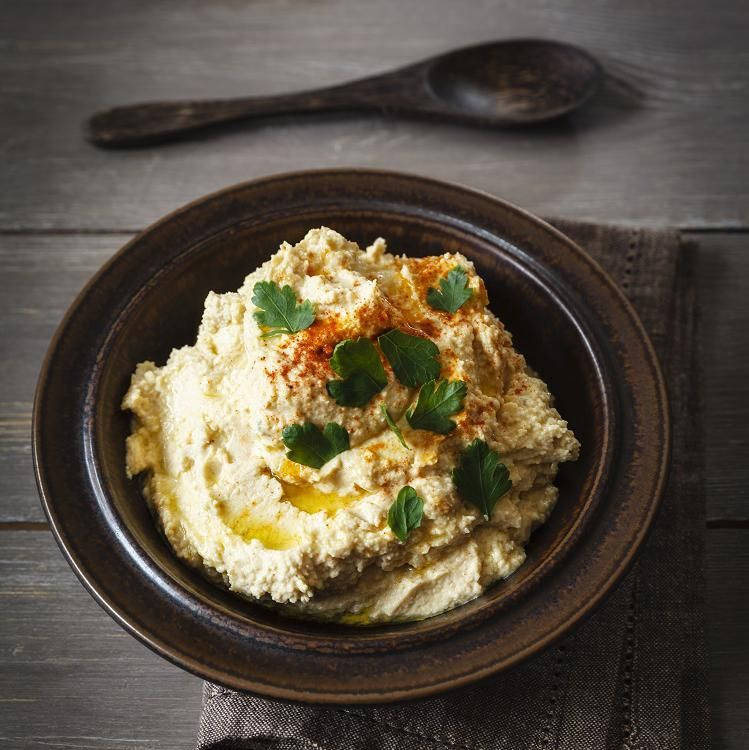 hummus, black bowl, black spoon, SD Phone Wallpaper