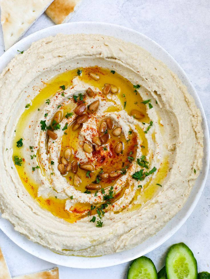 hummus, olive oil, pine nuts, SD Phone Wallpaper