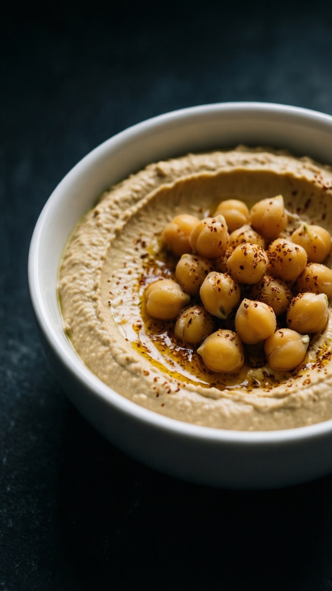 creamy beige hummus, white bowl, golden chickpeas, Full HD Phone Wallpaper