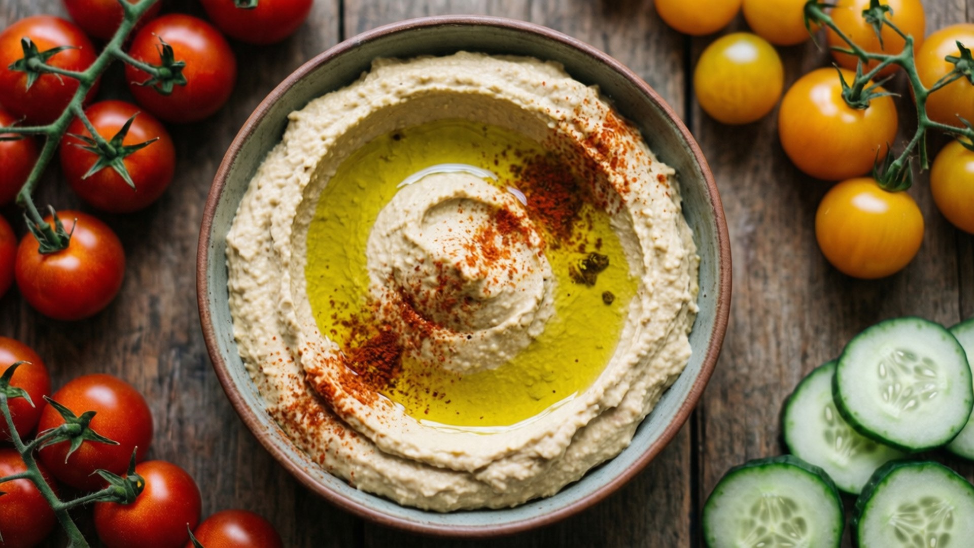 hummus bowl, wooden surface, olive oil, Full HD Desktop Wallpaper