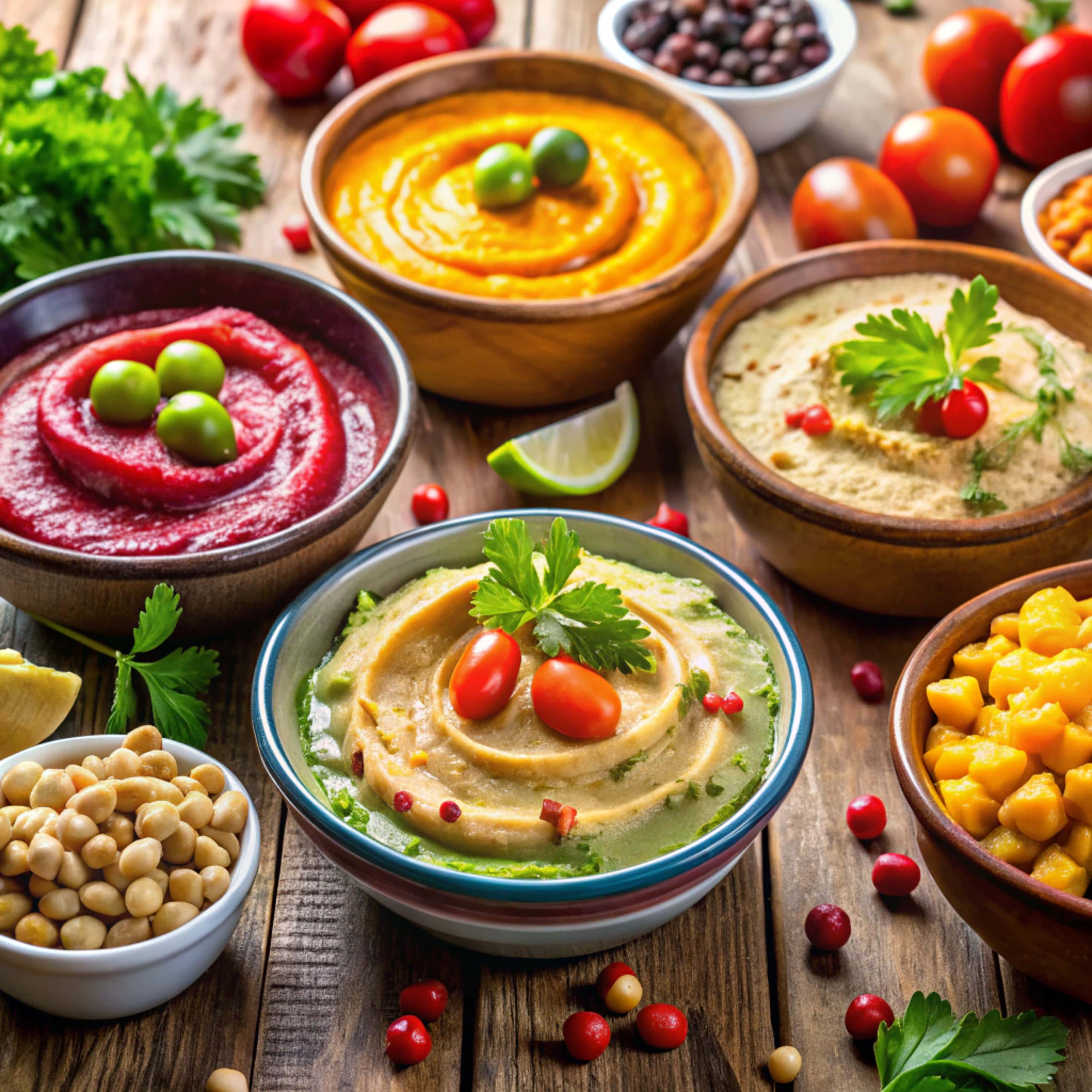 colorful hummus, bean dips, olives, 4K Desktop Wallpaper