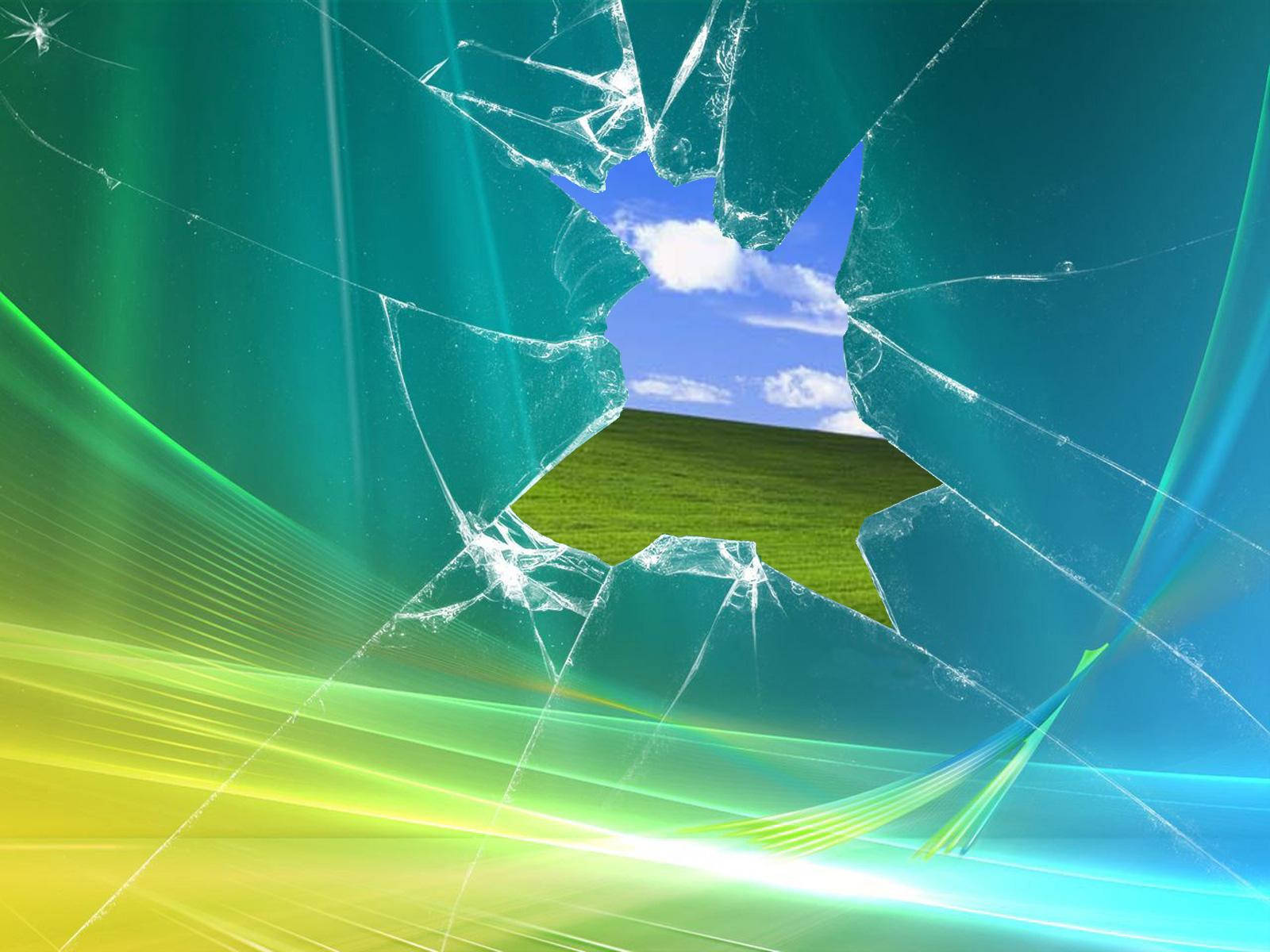 cracked screen, bright green field, blue sky, HD Desktop Wallpaper