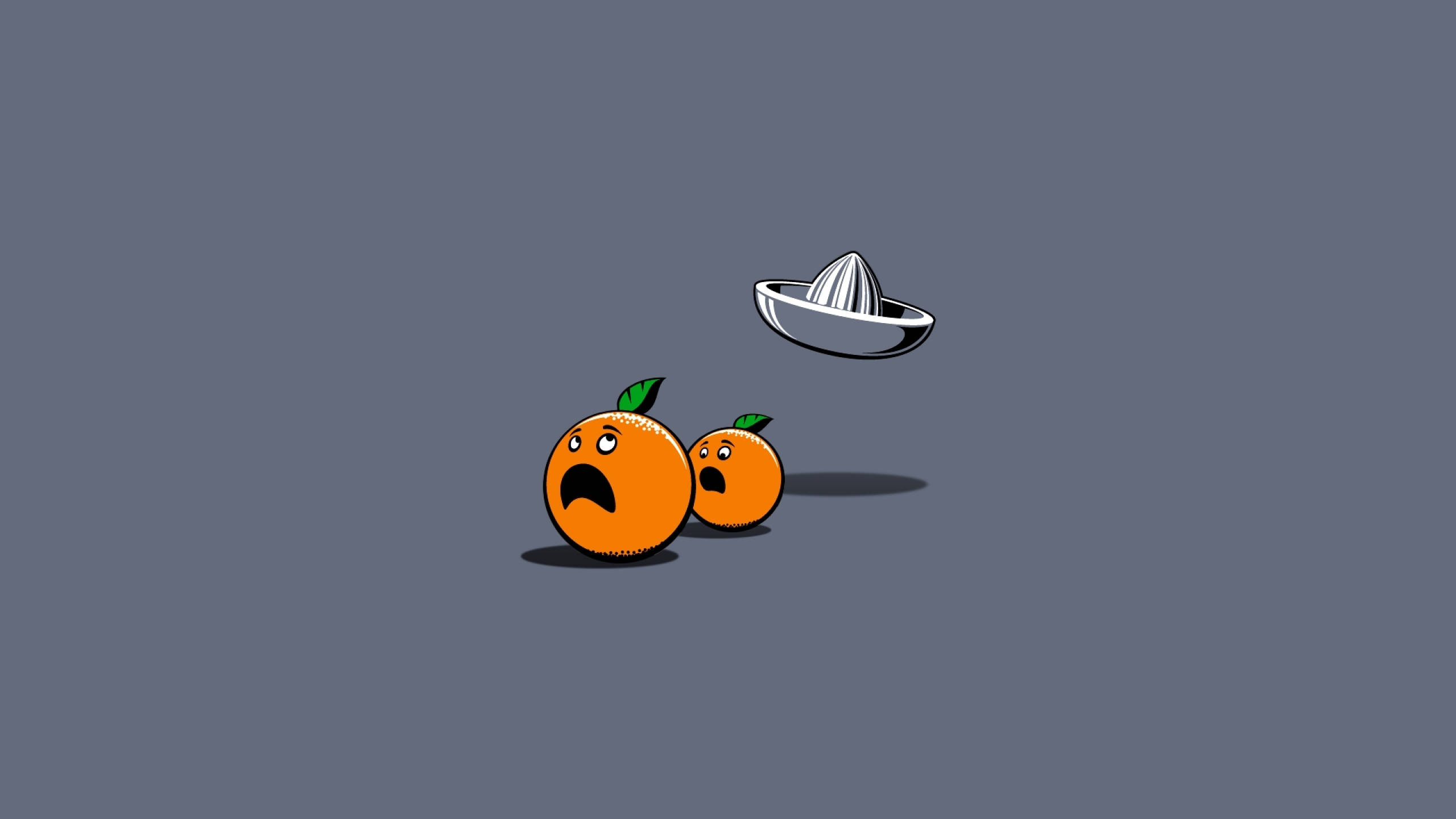 Running Oranges, citrus juicer, gray background, 2K Desktop Wallpaper