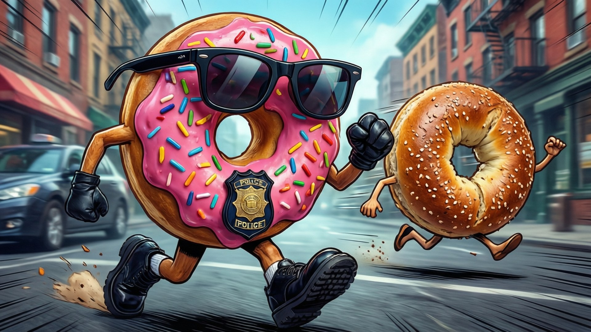 pink-frosted donut, sunglasses, police badge, Full HD Desktop Wallpaper