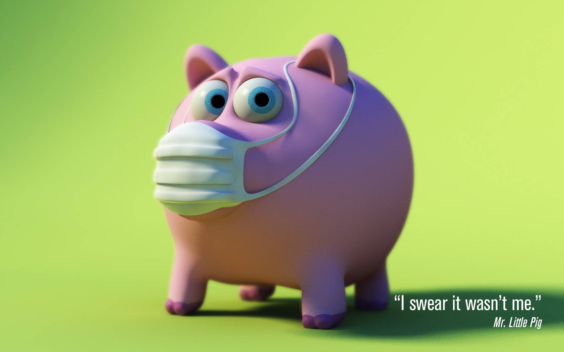 purple cartoon pig, white face mask, bright green background, Full HD Desktop Wallpaper