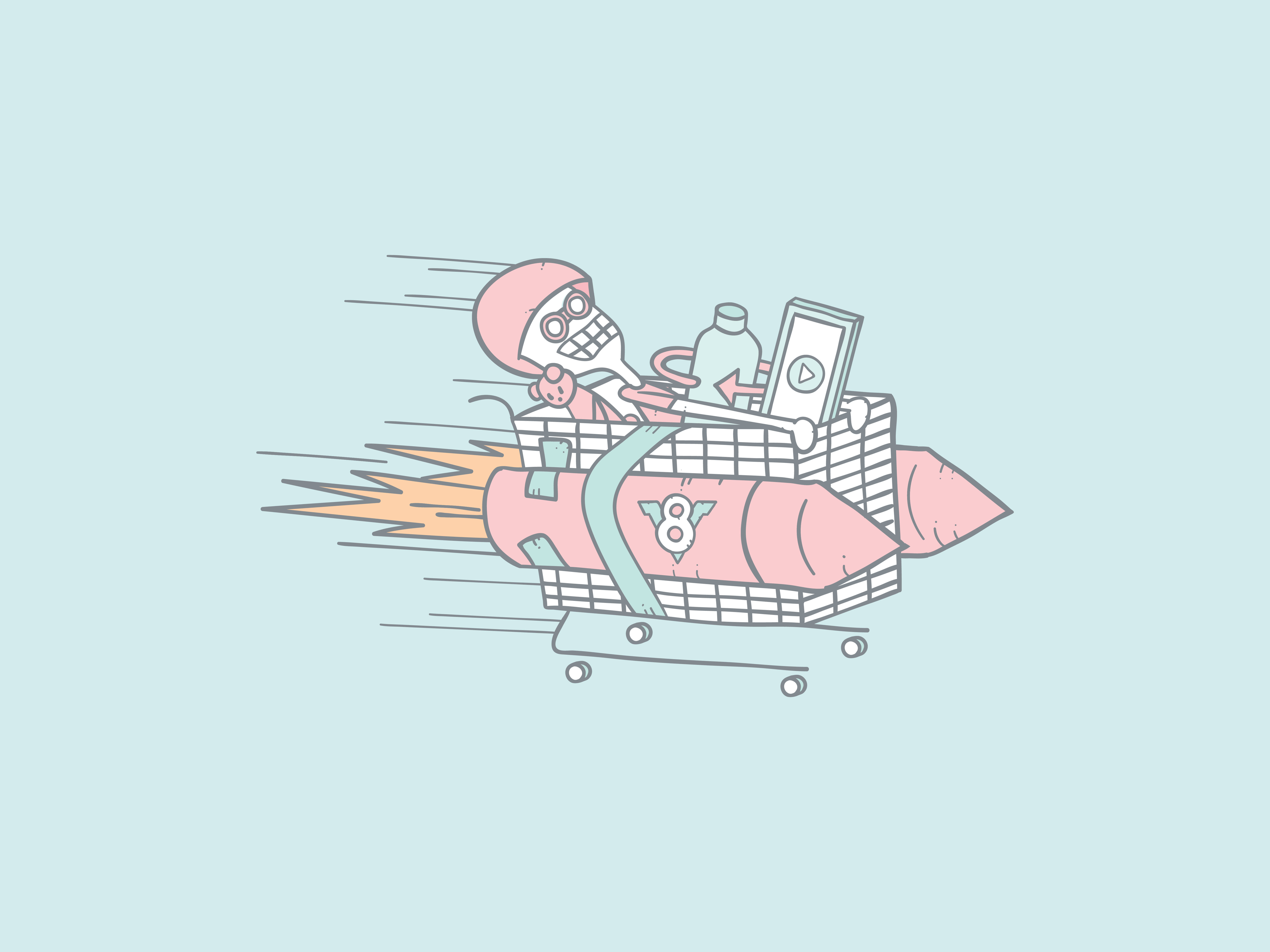 rocket-powered shopping cart, cartoon skeleton, pale blue background, 5K Desktop Wallpaper