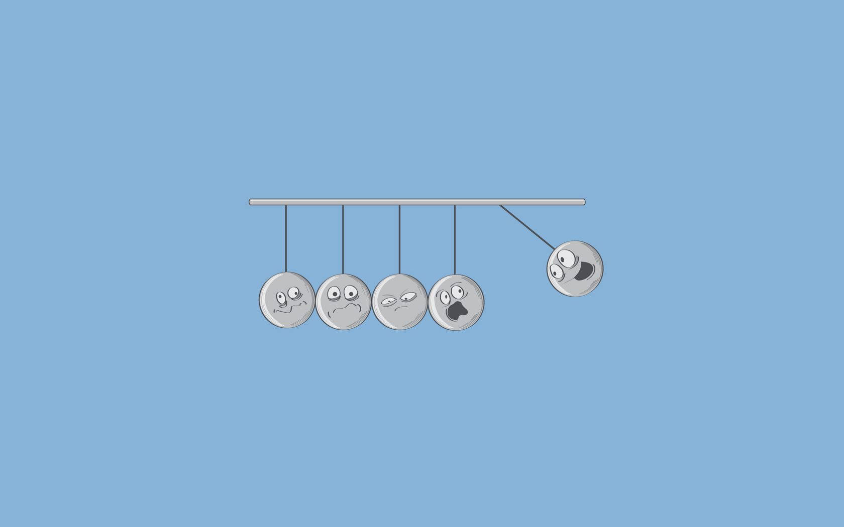 Newton's cradle, smiling and frowning metallic balls, solid blue background, HD Desktop Wallpaper