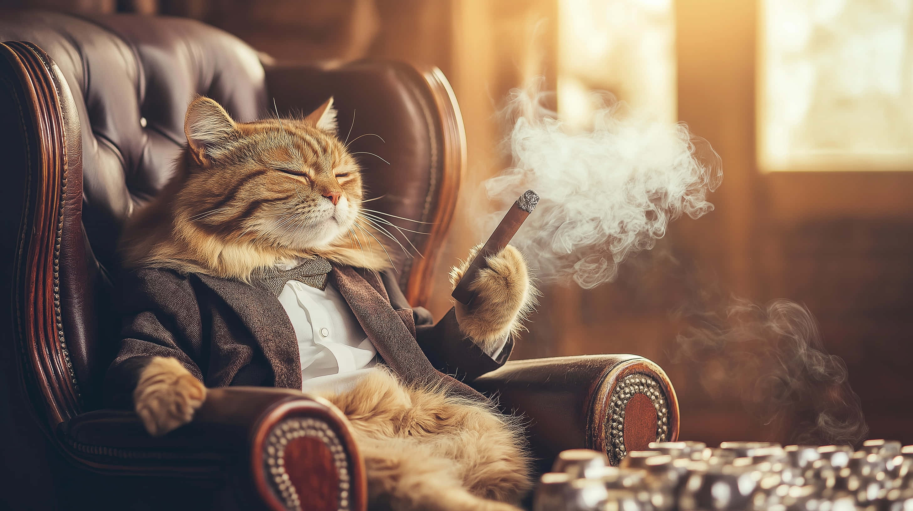 fluffy tabby cat, suit, cigar, 2K Desktop Wallpaper