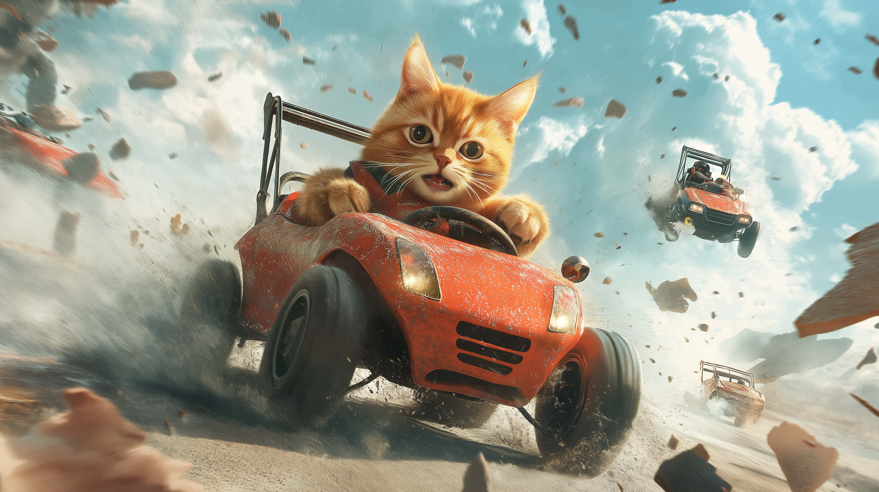 orange tabby cat, red dune buggy, dusty desert landscape, 2K Desktop Wallpaper
