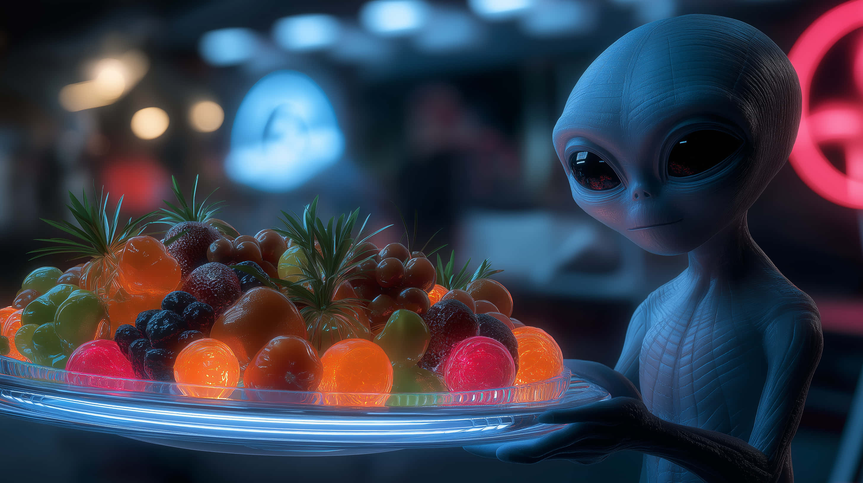 gray alien, large black eyes, glowing tray, 2K Desktop Wallpaper