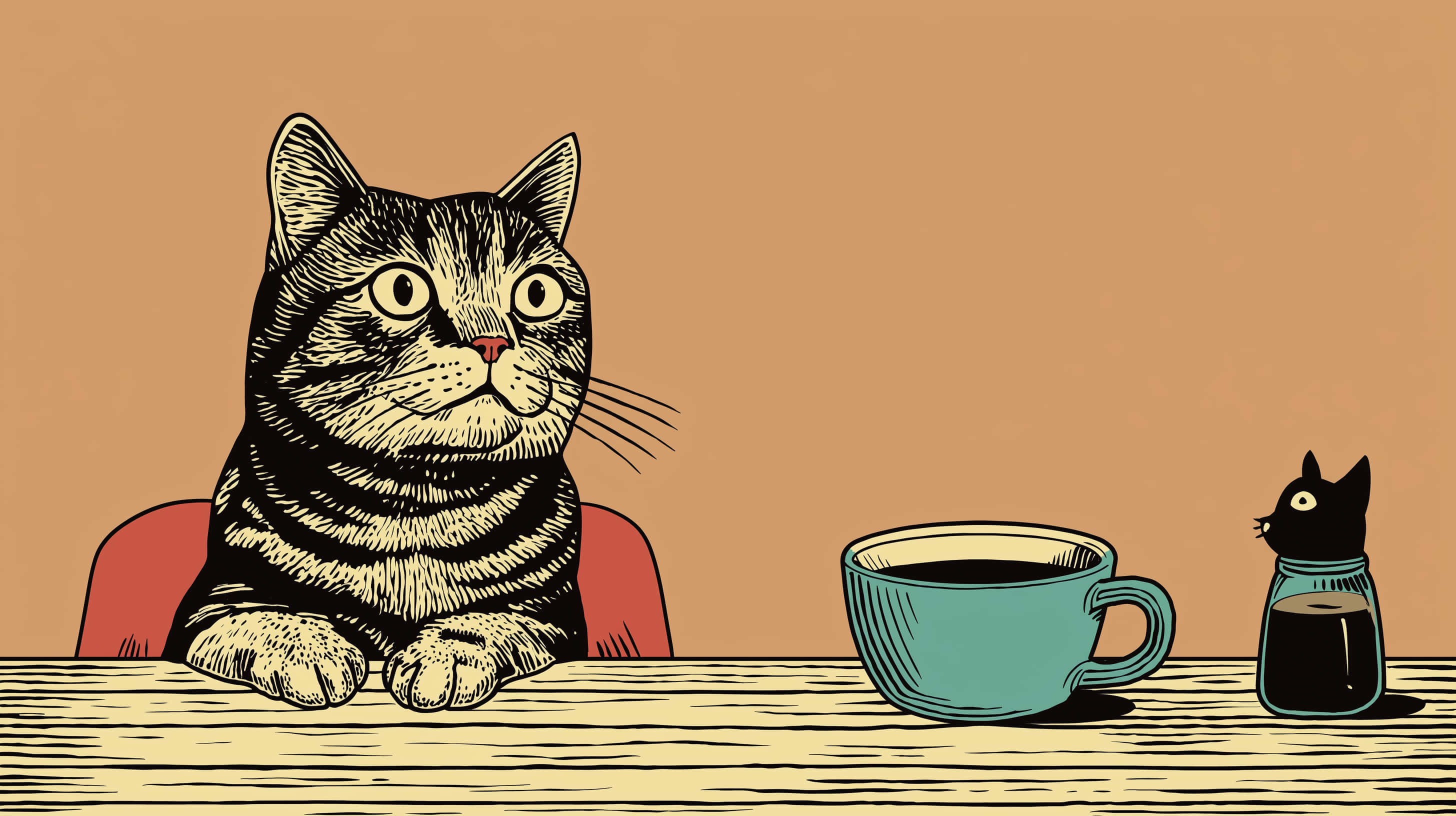 retro cat, striped cat, wooden table, 2K Desktop Wallpaper