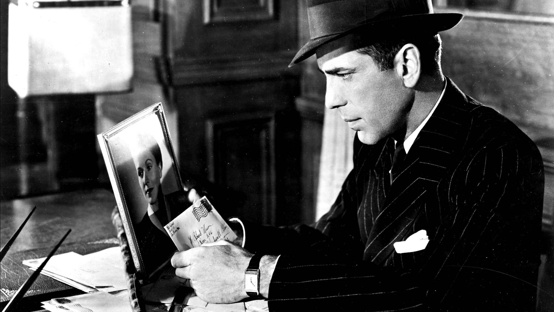 Humphrey Bogart, pinstripe suit, fedora, Full HD Desktop Wallpaper