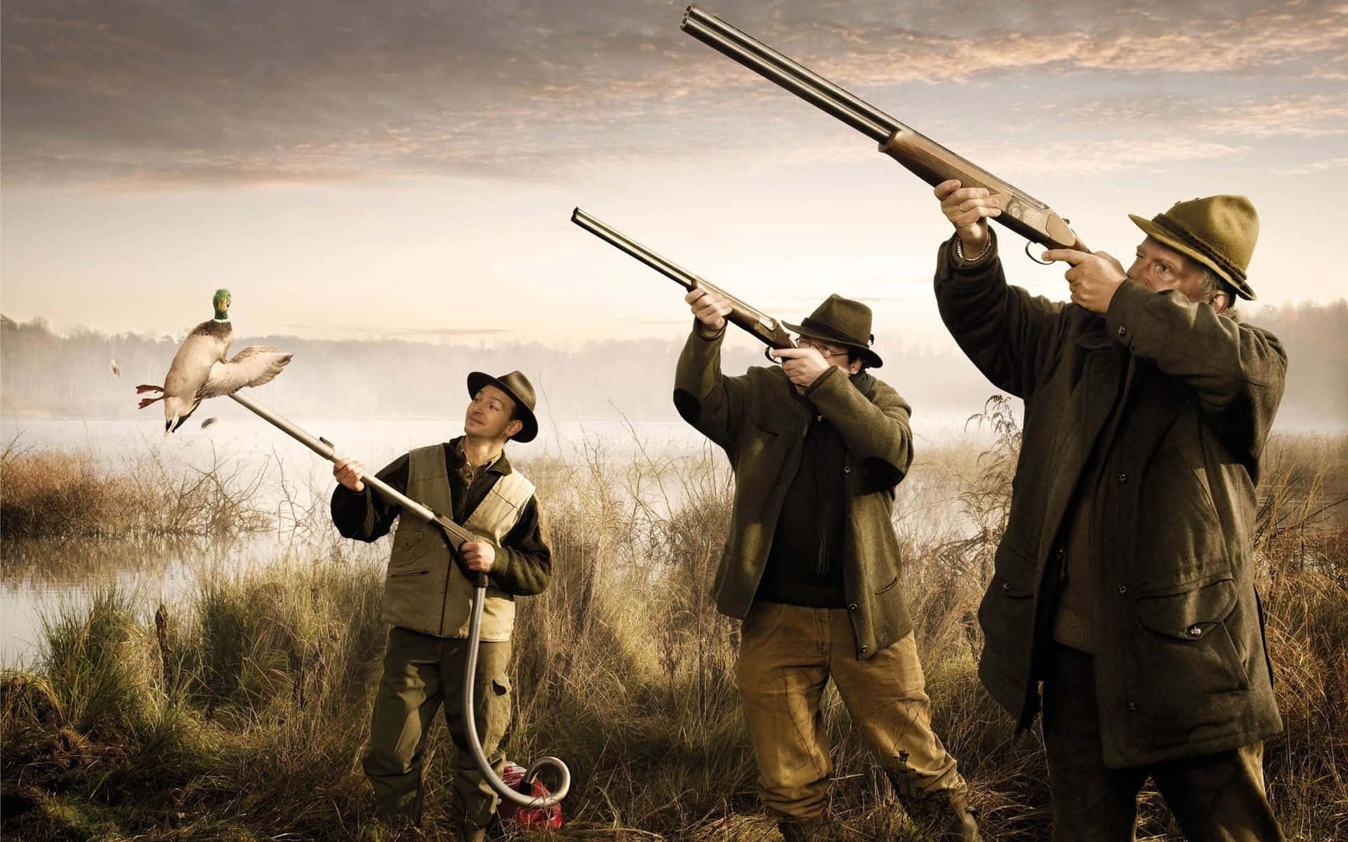 Hunt, dawn, misty marsh, Full HD Desktop Wallpaper