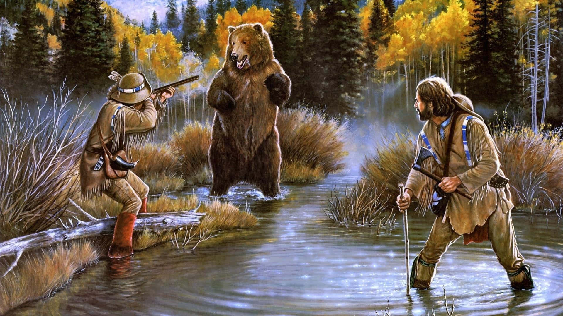 Hunt, autumn forest, brown bear, Full HD Desktop Wallpaper