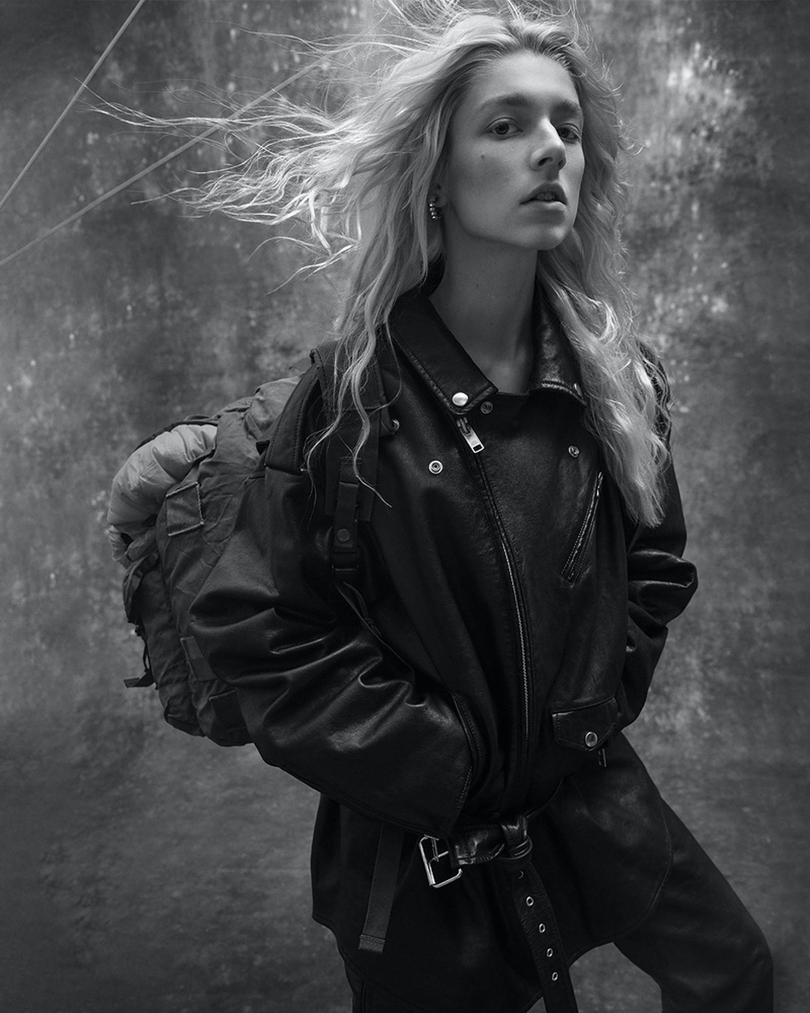 Hunter Schafer, leather jacket, backpack, Full HD Phone Wallpaper