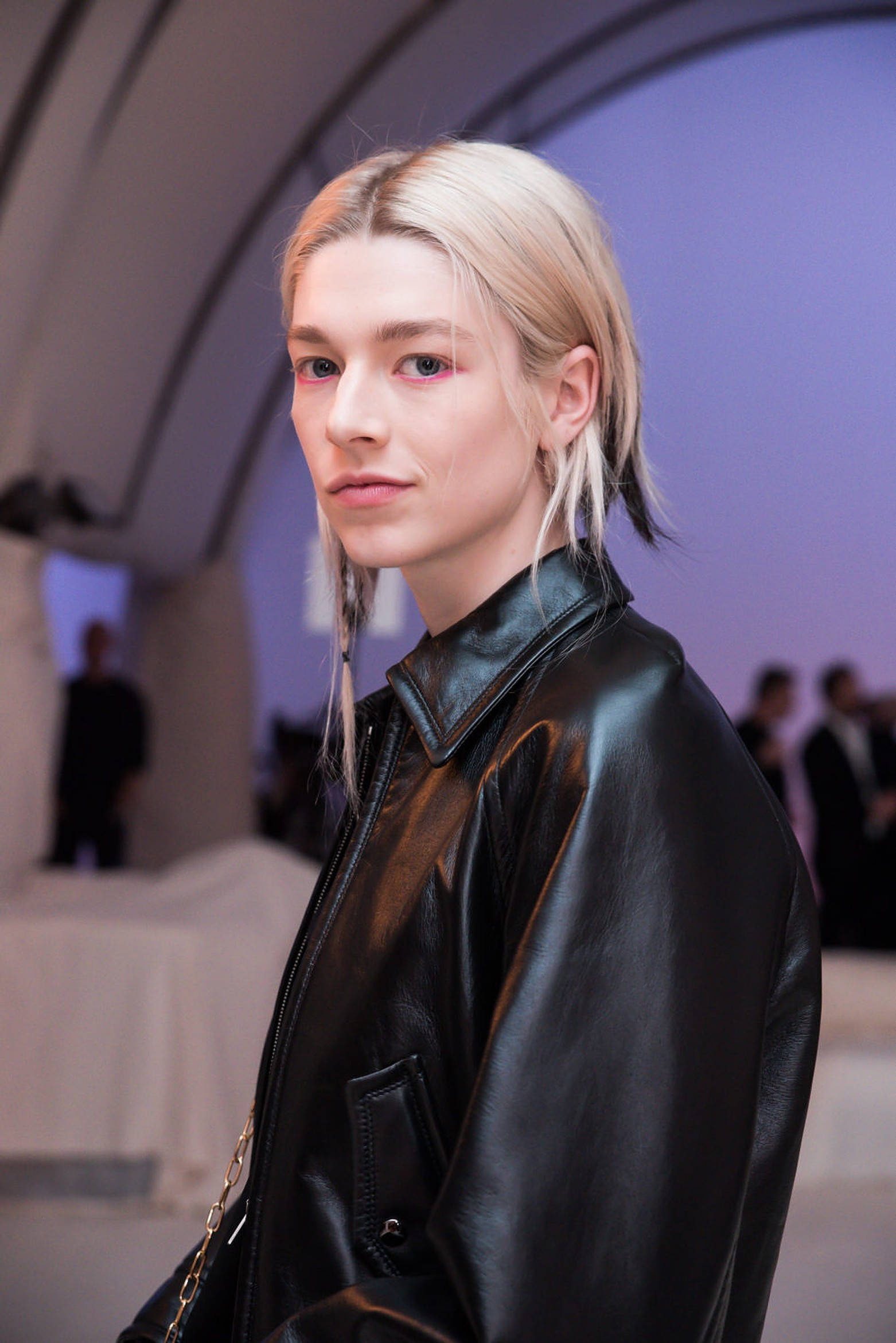 Hunter Schafer, black leather jacket, soft purple ambient lighting, Full HD Phone Wallpaper