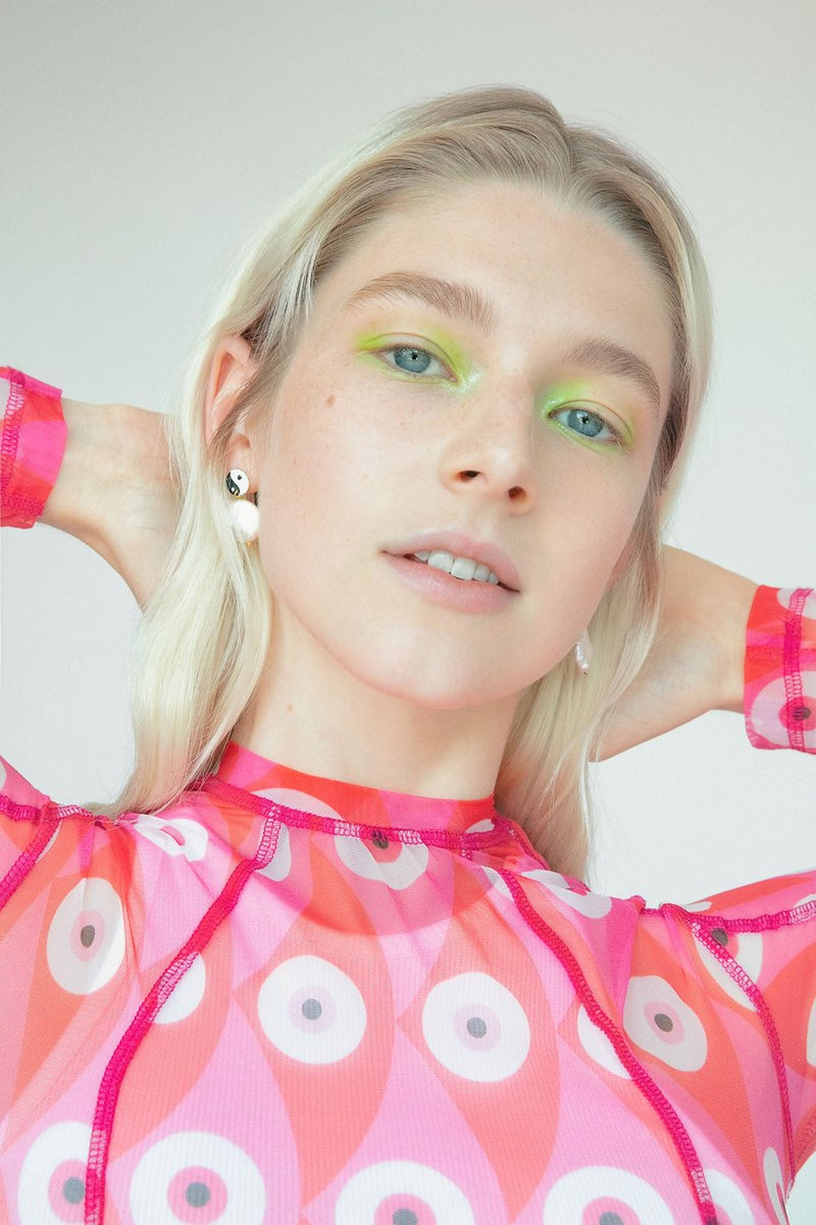 Hunter Schafer, neon green eyeshadow, sheer pink top, Full HD Phone Wallpaper
