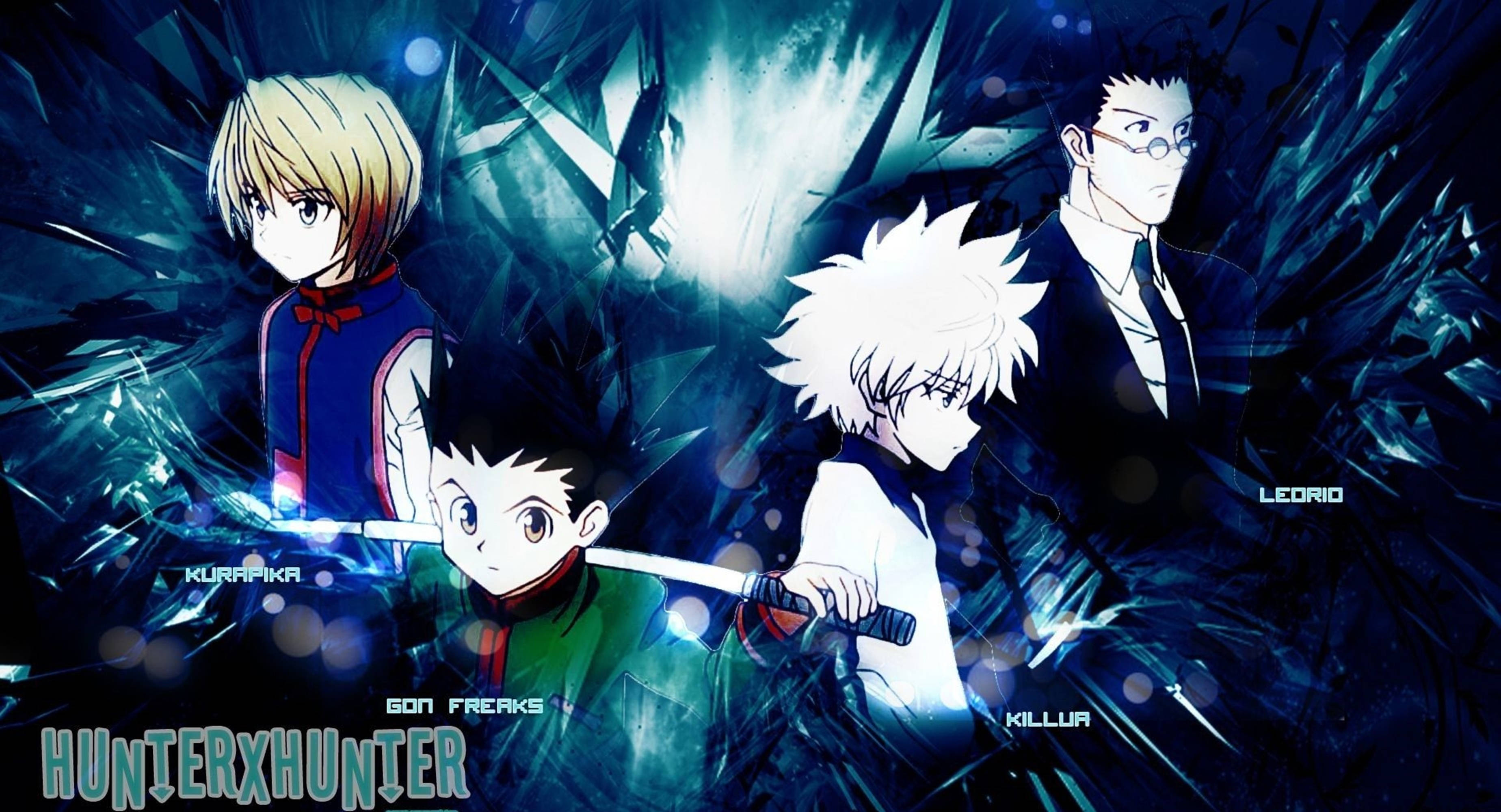 Hunter X Hunter 4K, anime characters, shattered blue crystal background, 2K Desktop Wallpaper