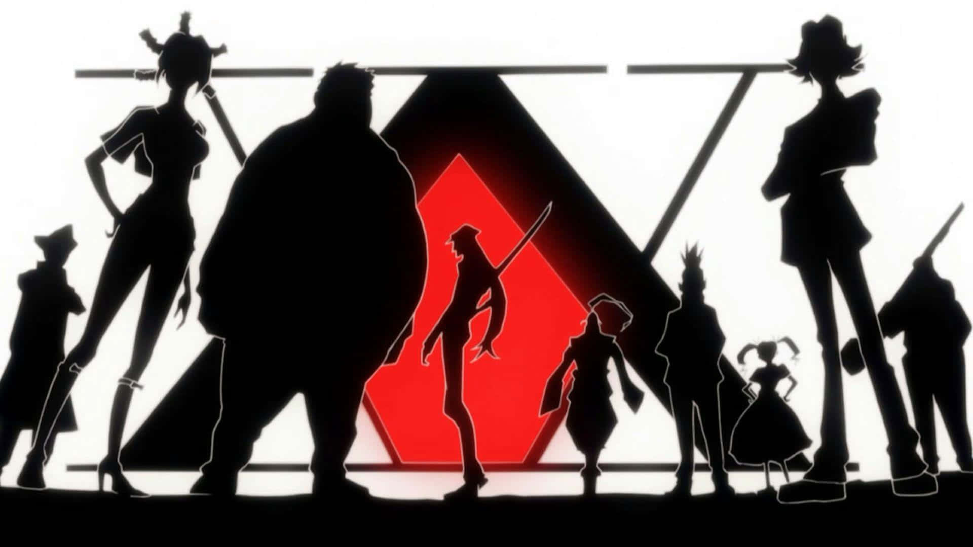 Hunter X Hunter, silhouetted anime characters, glowing red triangular emblem, Full HD Desktop Wallpaper