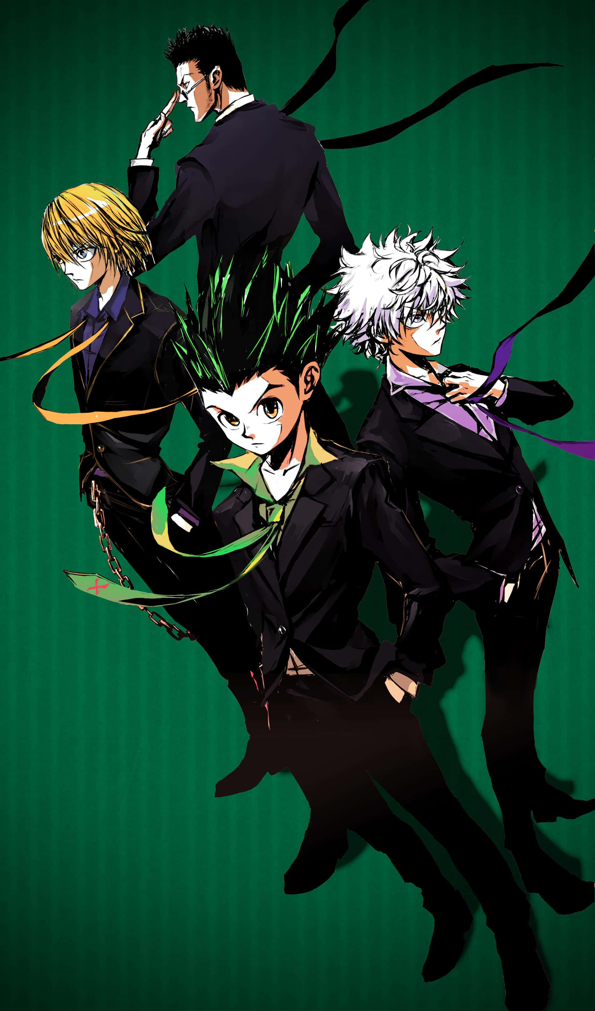 Hunter X Hunter Aesthetic, green background, black suits, 2K Phone Wallpaper